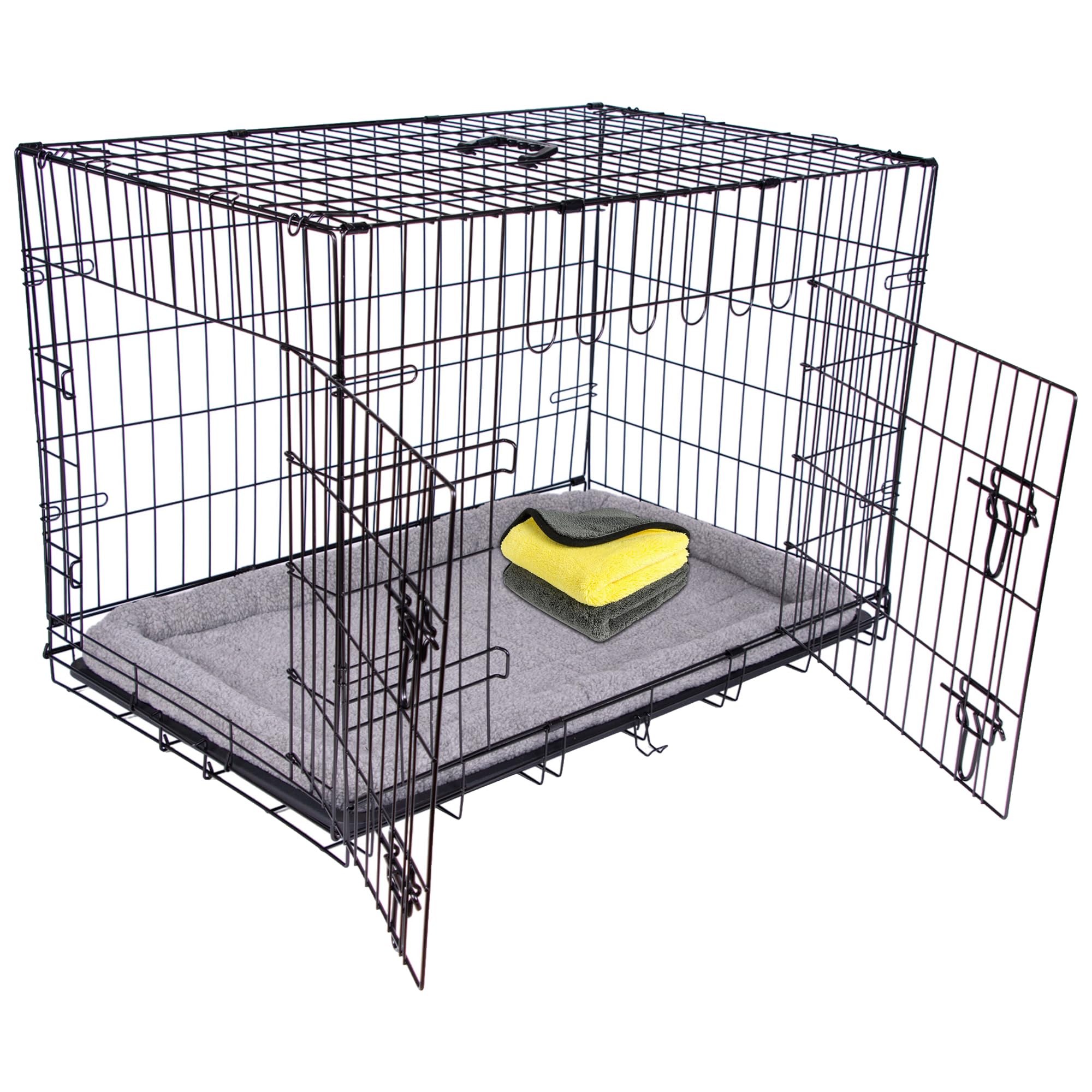 Pretty Pooch Dog Crate Cage Puppy Cat Pet Training Carrier Metal Folding with Tray Double Door and Bed With Two Cloths (XL 42 Inch)