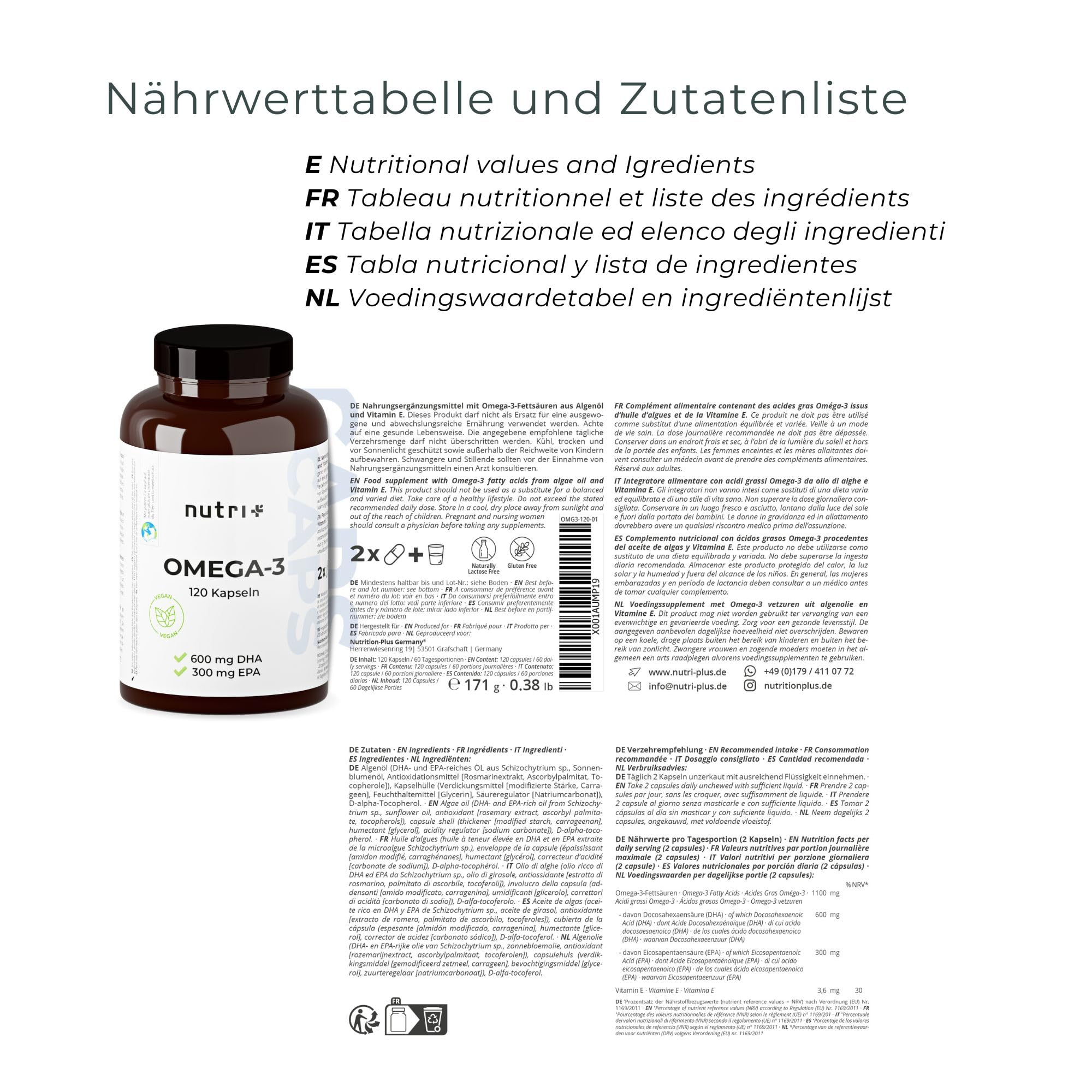 Nutri+ Vegan Omega-3-2000 mg d'huile d'algues hautement dosé avec 600mg DHA & 300mg EPA - gélules végétaliennes oméga-3 de haute qualité (végan) - testé en laboratoire - 120 caps