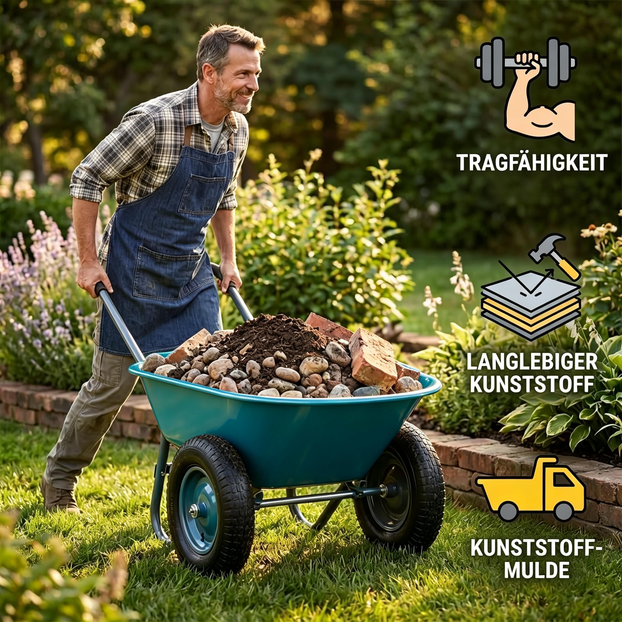 Garten Schubkarre， 2 Räder, 100L 272 kg Tragkraft，Luftbereifung