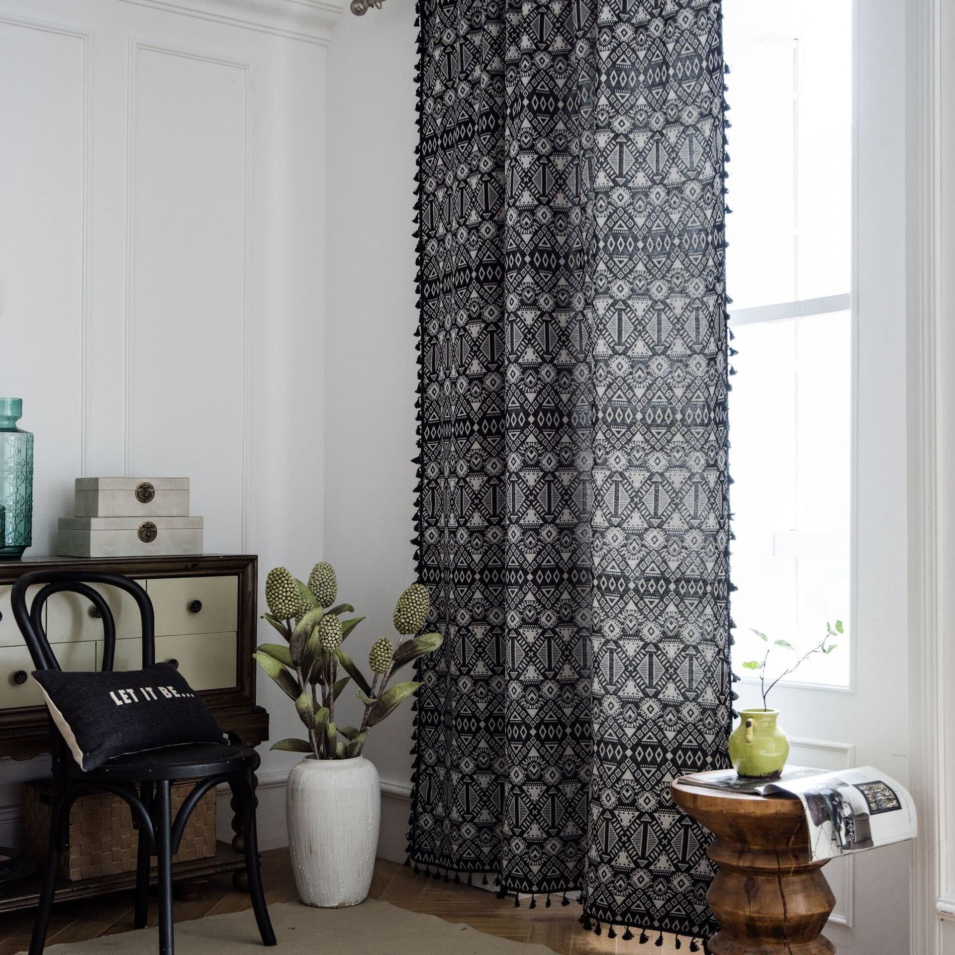 HUESLAND Cotton Curtains for Door, 7 feet Long 1 Bohemian Eyelet Curtain (Door 7 x 4 ft, Geometric Black) (B0C2QFM312) Amazon Price History, Amazon Price Tracker