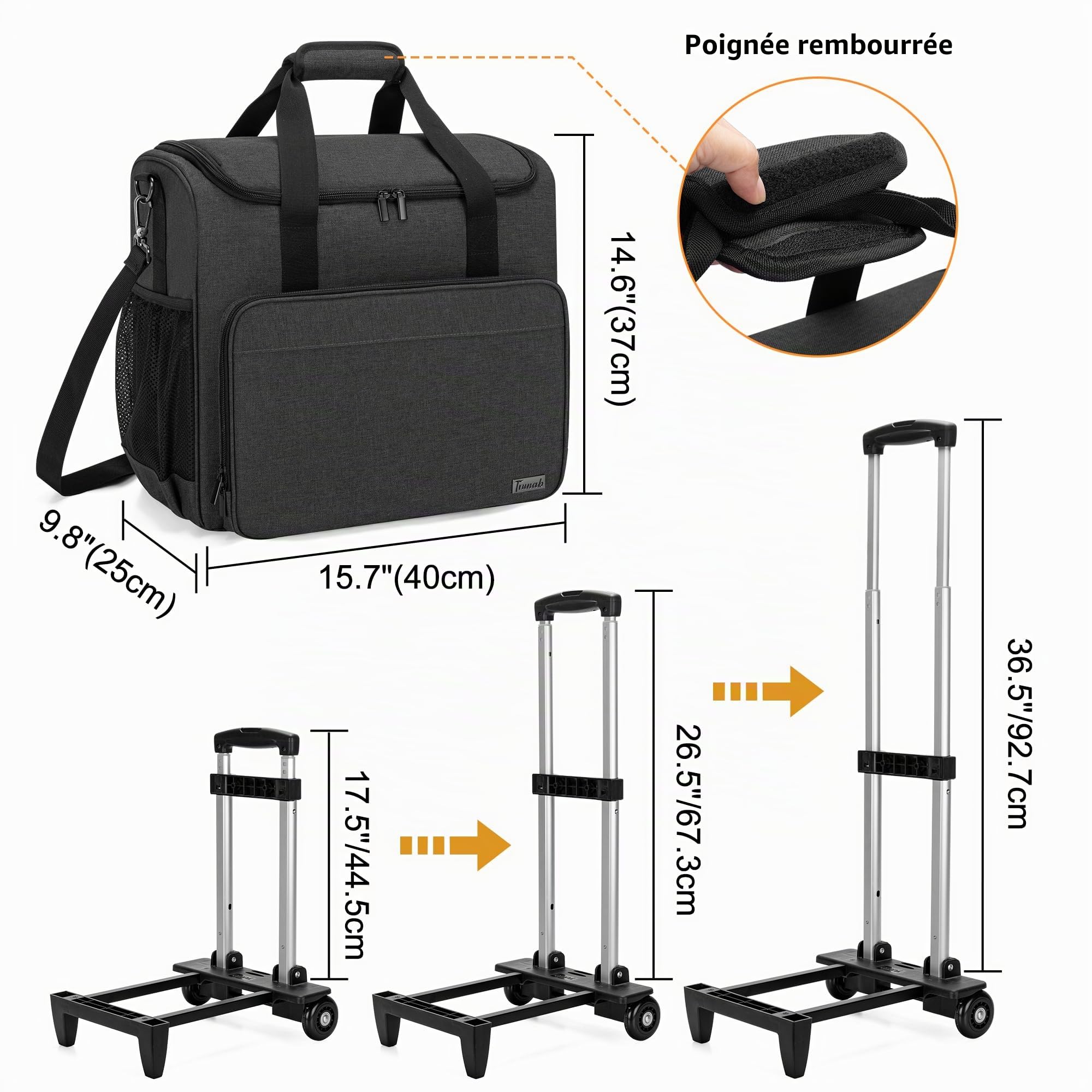 Trunab Sac à roulettes pour Enseignant avec Fond Rembourré et Chariot Amovible, Sac pour Enseignants avec Poches Rembourrées pour Garder Ordinateur Portable de 15,6"