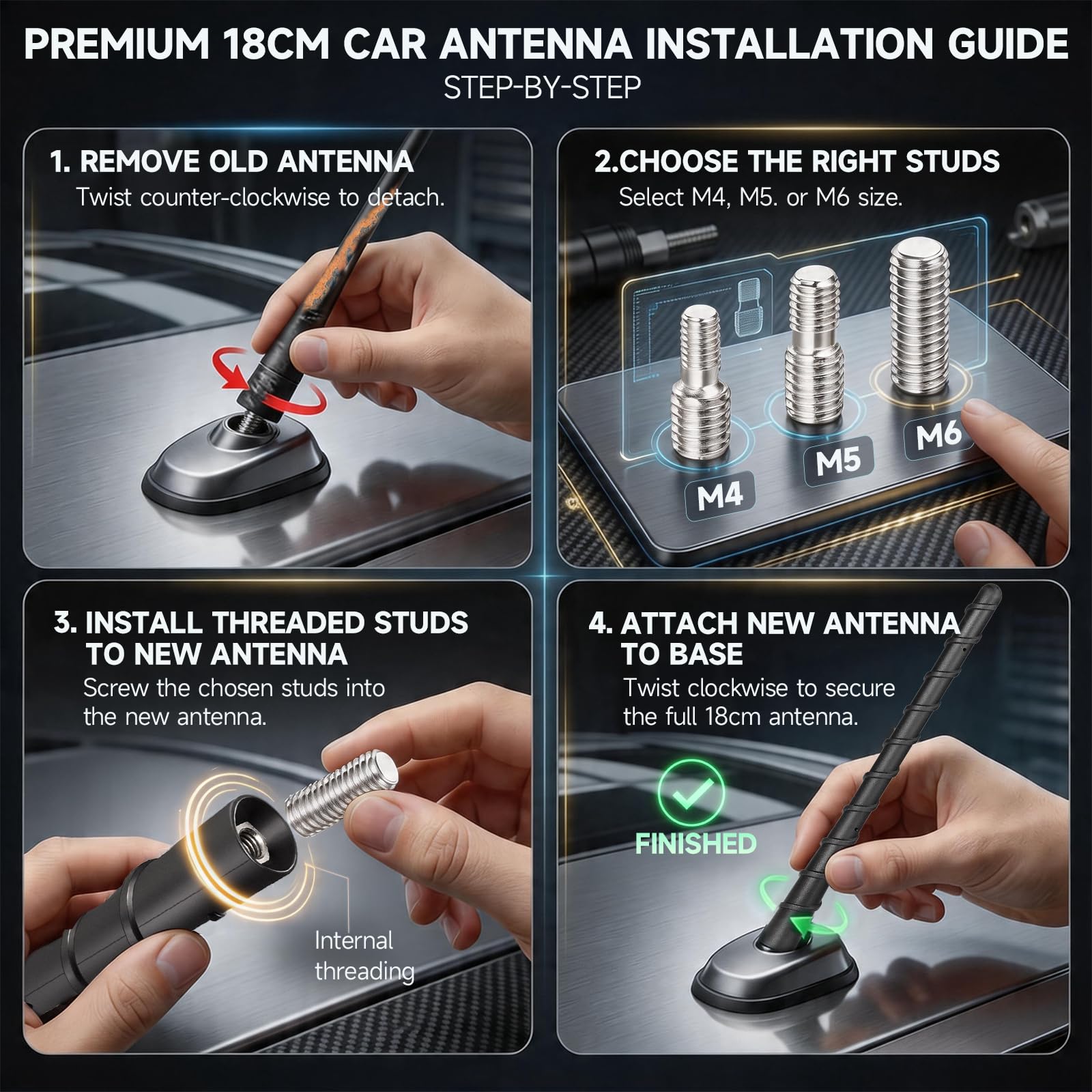 Bingfu Antenna Auto Corta Autoradio DAB FM AM Universale, Viti Incluse M4.0 M5.0 M6.0 di Diverse Dimensioni 18cm Rod Tetto Nero per Veicolo Camion SUV Auto Amplificata Radio
