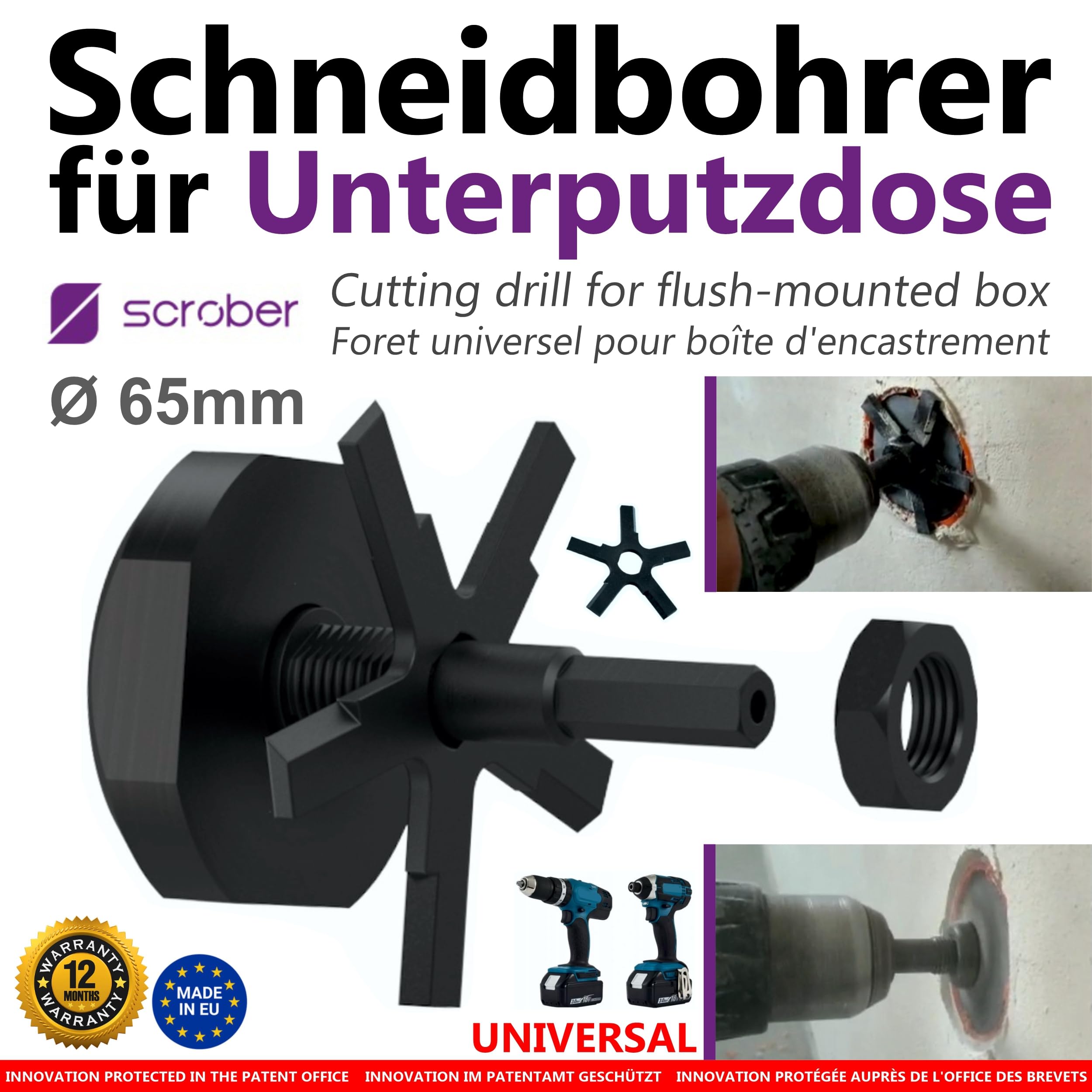 Uniwersalne ∅ 65 mm Wiertło Tnące do Puszki Podtynkowej | Nóż Gratis | do wszystkich wiertarek i wkrętarek | do wystających puszek, dla tynkarzy, elektryków, do renowacji domu (SCROBER + nóż)