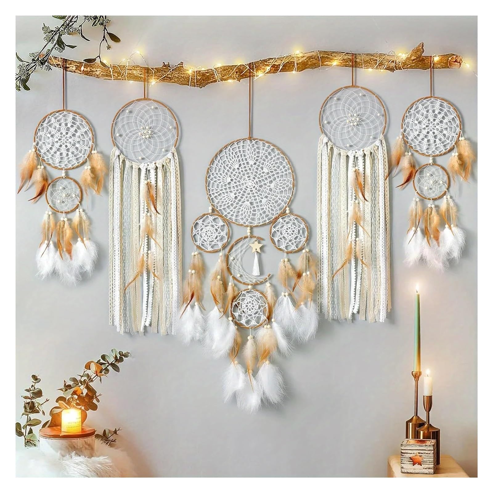 Dream Catcher 5 Pack Handmade Dream Catcher Wall Hanging Decor Traditional Feathers Catchers(Brown)