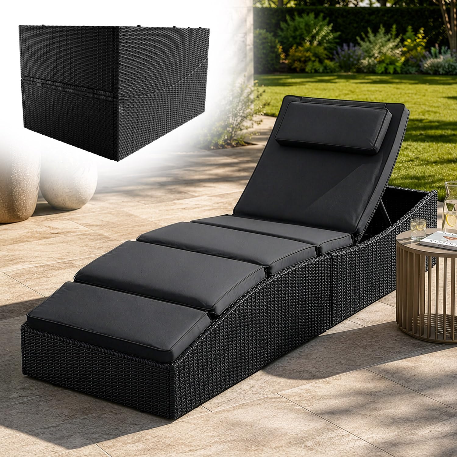 Juskys Chaise Longue de Jardin Lamia Pliante, en polyrotin, avec Support, appuie-tête réglable, Charge maximale de 160 kg - Chaise Longue extérieure de Jardin et Balcon, Noir