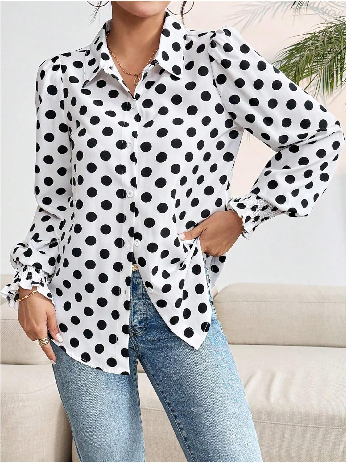WDIRARA Women's Polka Dots Button Down Shirt Ruffle Bishop Long Sleeve Top Blouse - Image 5