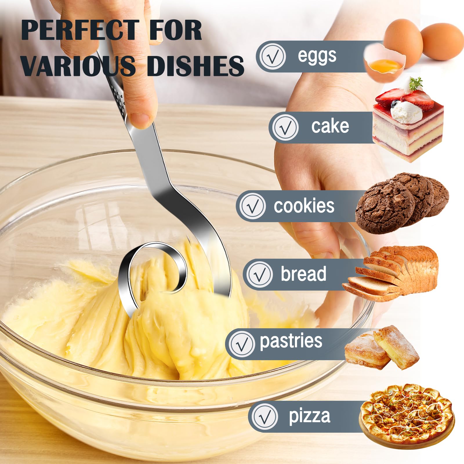 TECHPLUS Upgraded Danish Dough Whisk Dough Mixer, for Sourdough Pastry Pizza Baking Cake,Stainless Steel Bread Making Tools for Kitchen - Image 2
