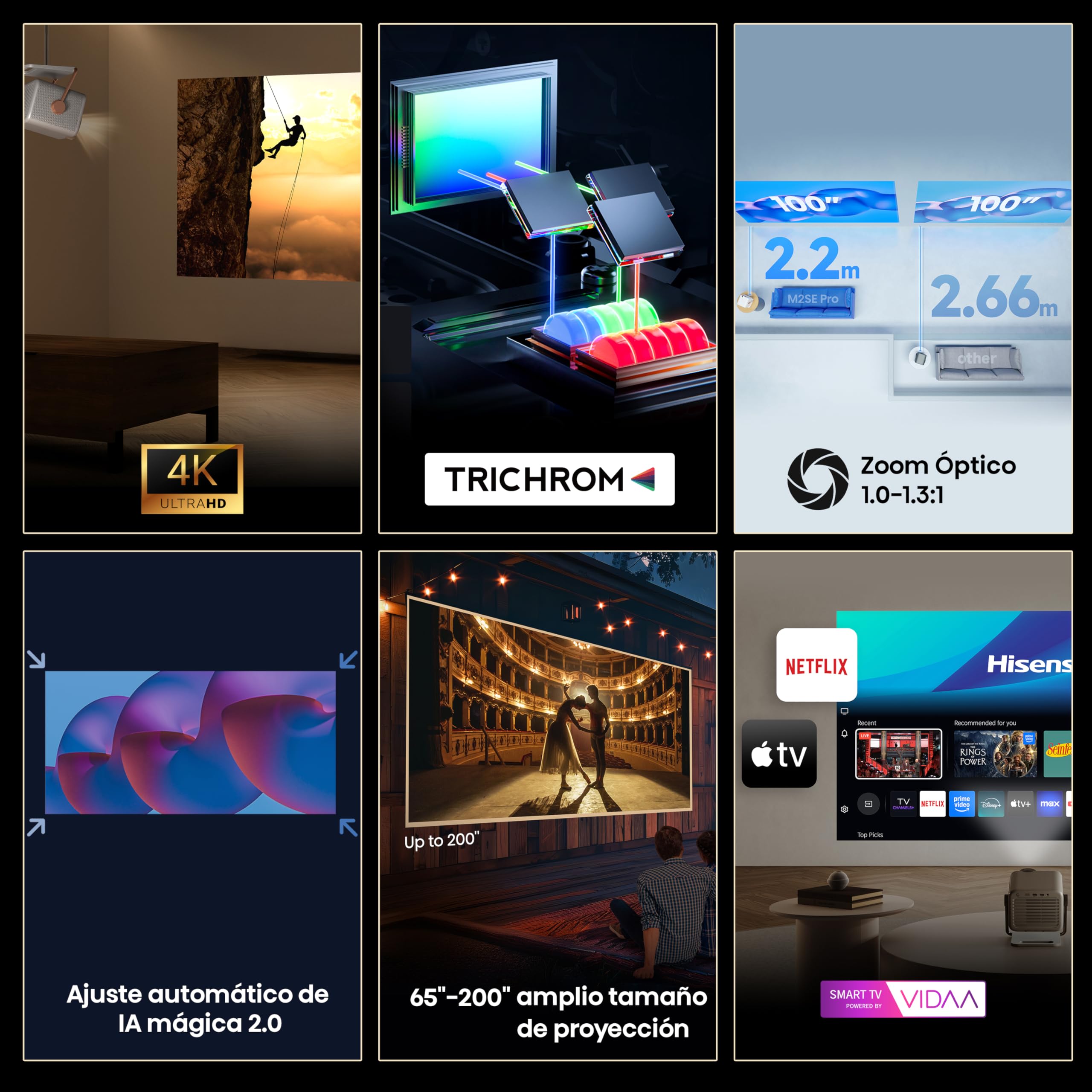 Hisense M2SE Pro - Mini Proyector Laser Trichroma UHD 4K Smart TV, 65 a 200 Pulgadas, 1150 Lumen, Dolby Vision, Audio 2x10W, Zoom Óptico, Autoenfoque, Protección Ocular, Auto-Corrección Trapezoidal