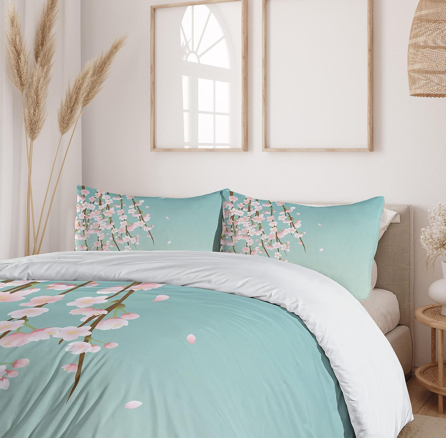 Ambesonne Weeping Flower Duvet Cover Set, Freshly Blooming Cherry Blossom Branches Buds, Decorative 2 Piece Bedding Set with 1 Pillow Sham, Twin Size, Mint Pale Pink and Taupe Twin Mint Pale Pink and Taupe