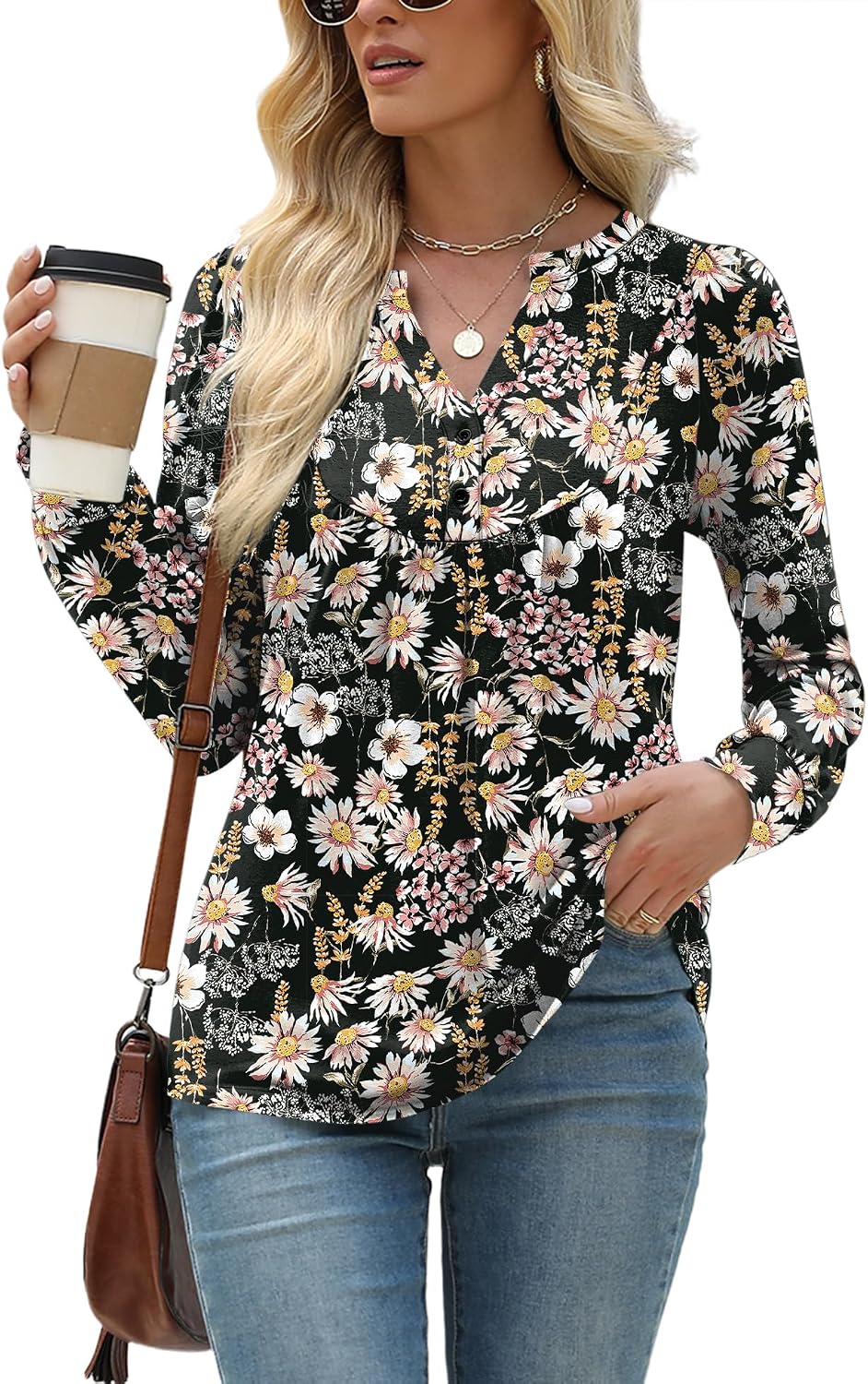 LOMON Long Sleeve Shirts for Women Henley V Neck T-Shirt Dressy Casual Pleated Tops Pullover Tunic Spring Clothes 2025 S-XXL