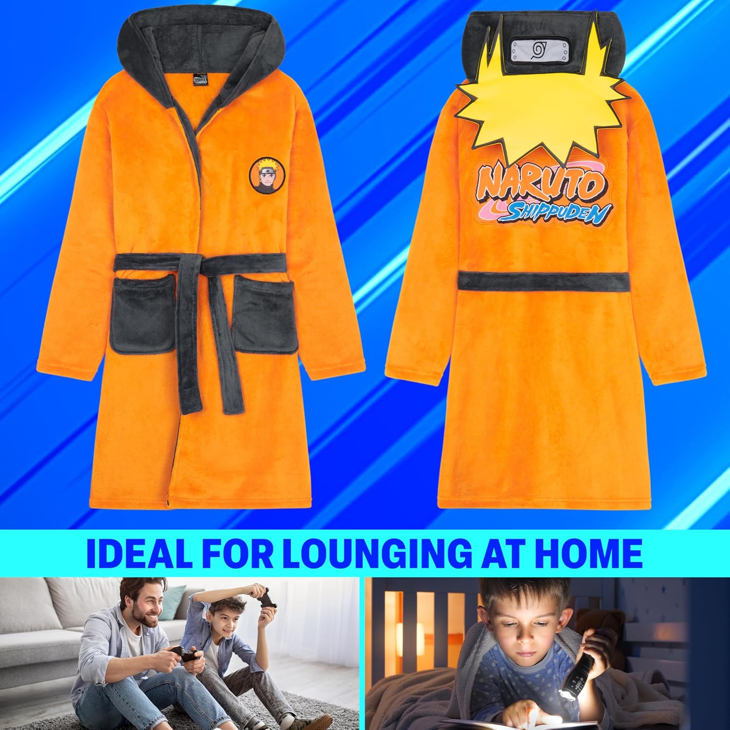 NARUTO Fleece Robe for Boys, Teens, 7–15 Yrs, Soft Anime Bathrobe with Hood, Cozy Dressing Gown Sleepwear, Gifts for Boys