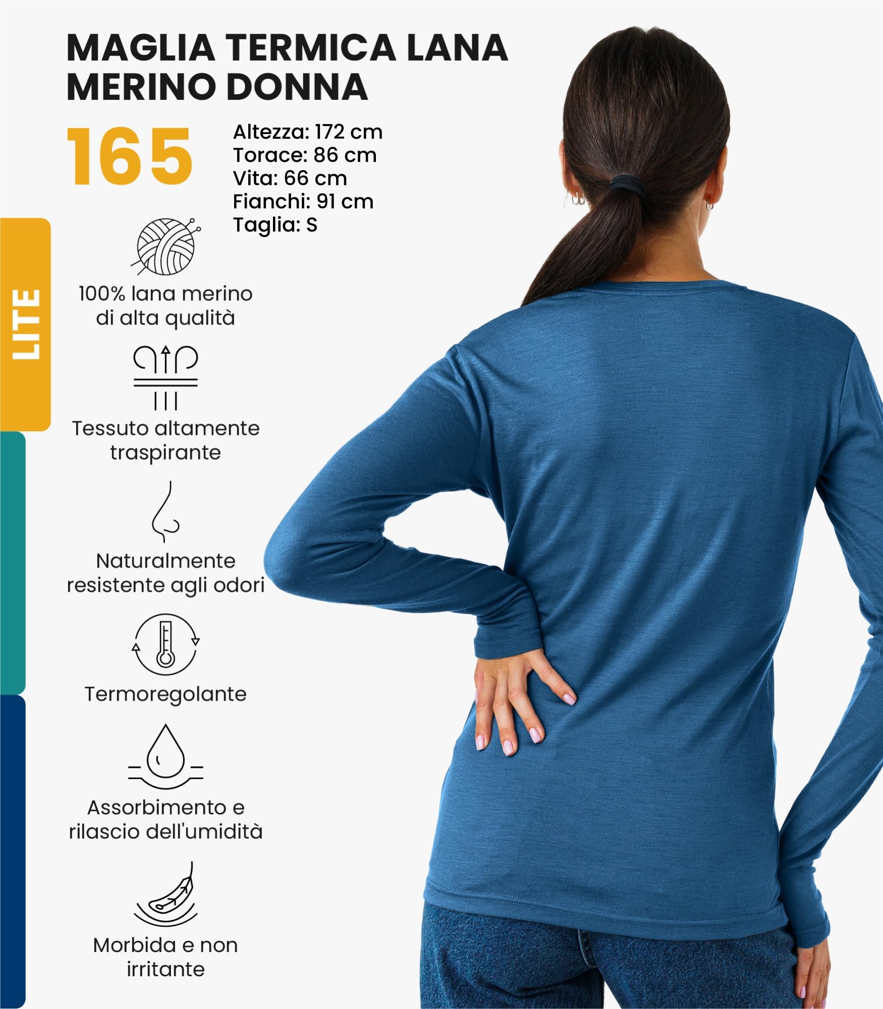 Merino.tech Maglia Termica Donna Lana Merinos - 100% Lana Merino Intimo Donna Leggero, Medio, Pesante con Calzini