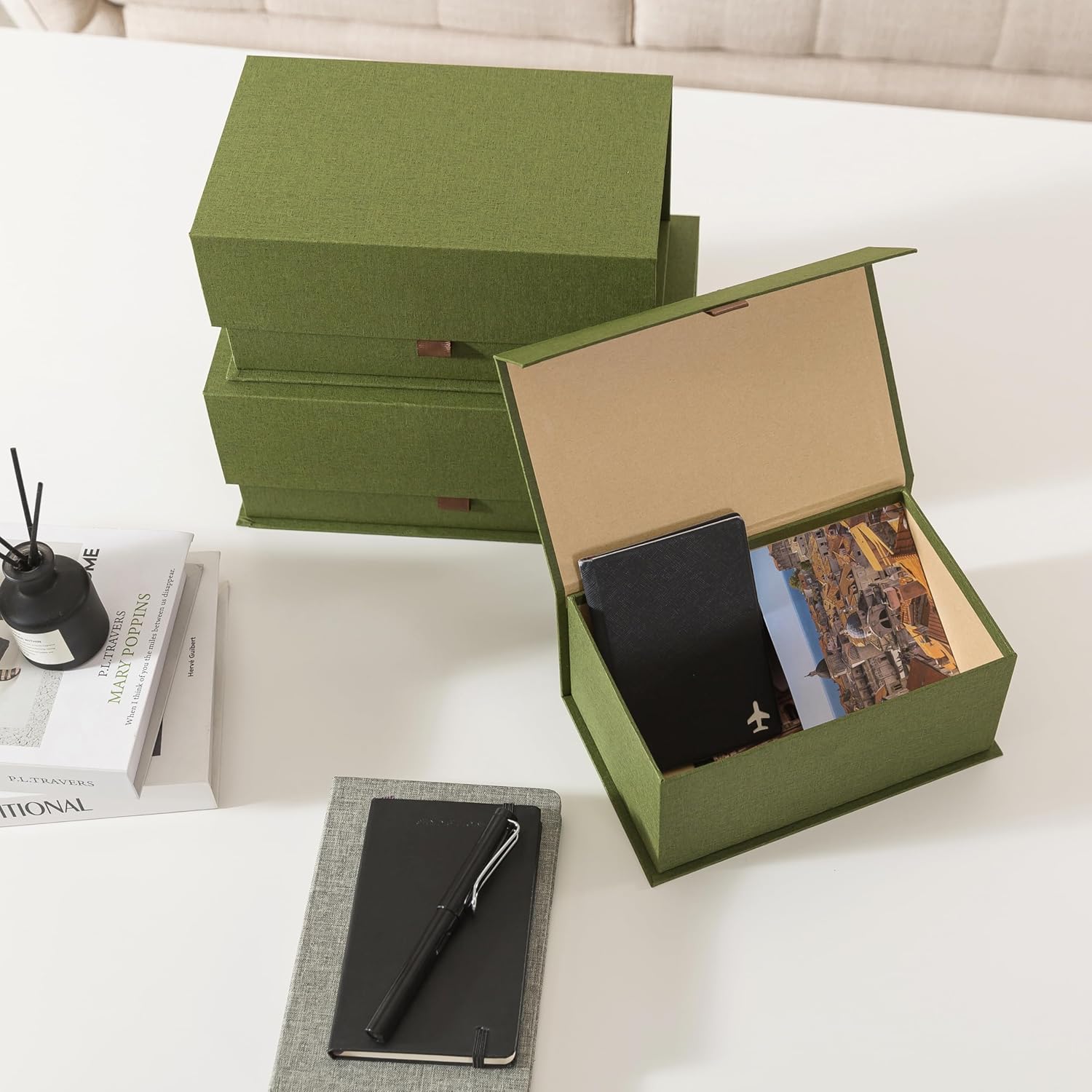 Soul & Lane Decorative Cardboard Storage Boxes with Lids - Set of 3, Memory Boxes for Keepsakes, Stacking Decorative Photo Storage for Pictures and Decor, Green