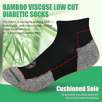 Diabetic Socks for Men,6 Pairs Low Cut Diabetic Neuropathy Socks for Men 9-12/10-13(Black-Large)