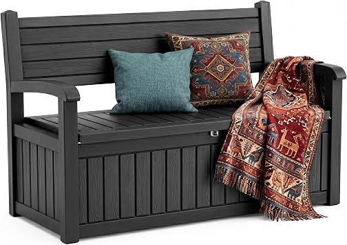 Storage Bench Outdoor Deck Box,100 Gallon Waterproof & UV Resistant Lockable Patio Furniture Seating.Indoor/Outdoor Shoe Storage Cabinet for Garden Cushions,Tools,Patio,Pool Supplies