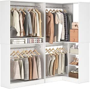 Unikito Corner Closet System, 72" L-Shaped Closet Organizer with 4 Hanging Rods and Shelves, Heavy Duty Wood Garment Rack, White