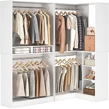 Unikito Corner Closet System, 72" L-Shaped Closet Organizer with 4 Hanging Rods, Heavy Duty Wood Garment Rack with Shelves, Freestanding Walk-in Closet Storage Tower for Bedroom, White