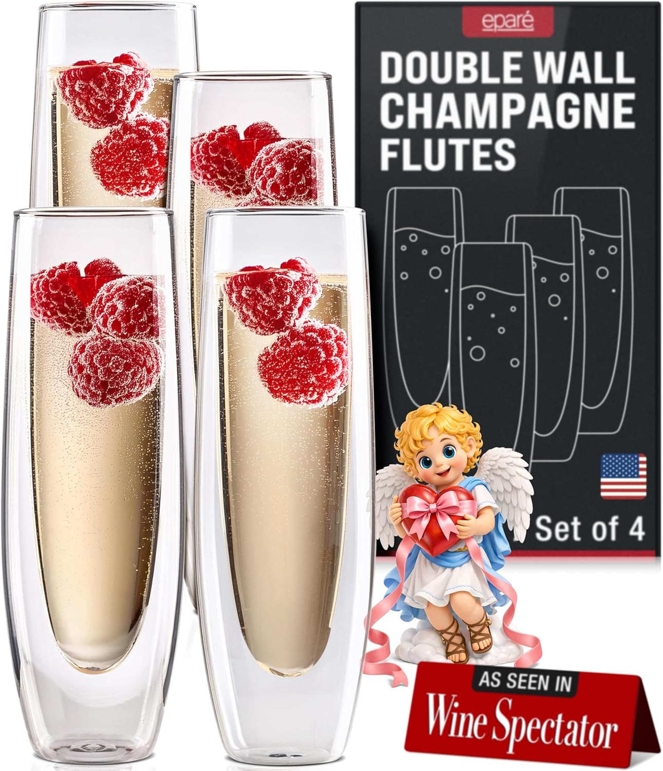 Eparé Stemless Champagne Flutes Glass - Set of 4 Double Wall Champagne Glasses for Mimosas, Prosecco, and Cocktails - Modern Lightweight Glass Stemless Flute Glasses for Valentine's Day Celebrations