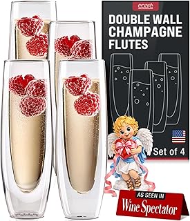 Eparé Stemless Champagne Flutes Glass - Set of 4 Double Wall Champagne Glasses for Mimosas, Prosecco, and Cocktails - Modern Lightweight Glass Stemless Flute Glasses for Valentine's Day Celebrations