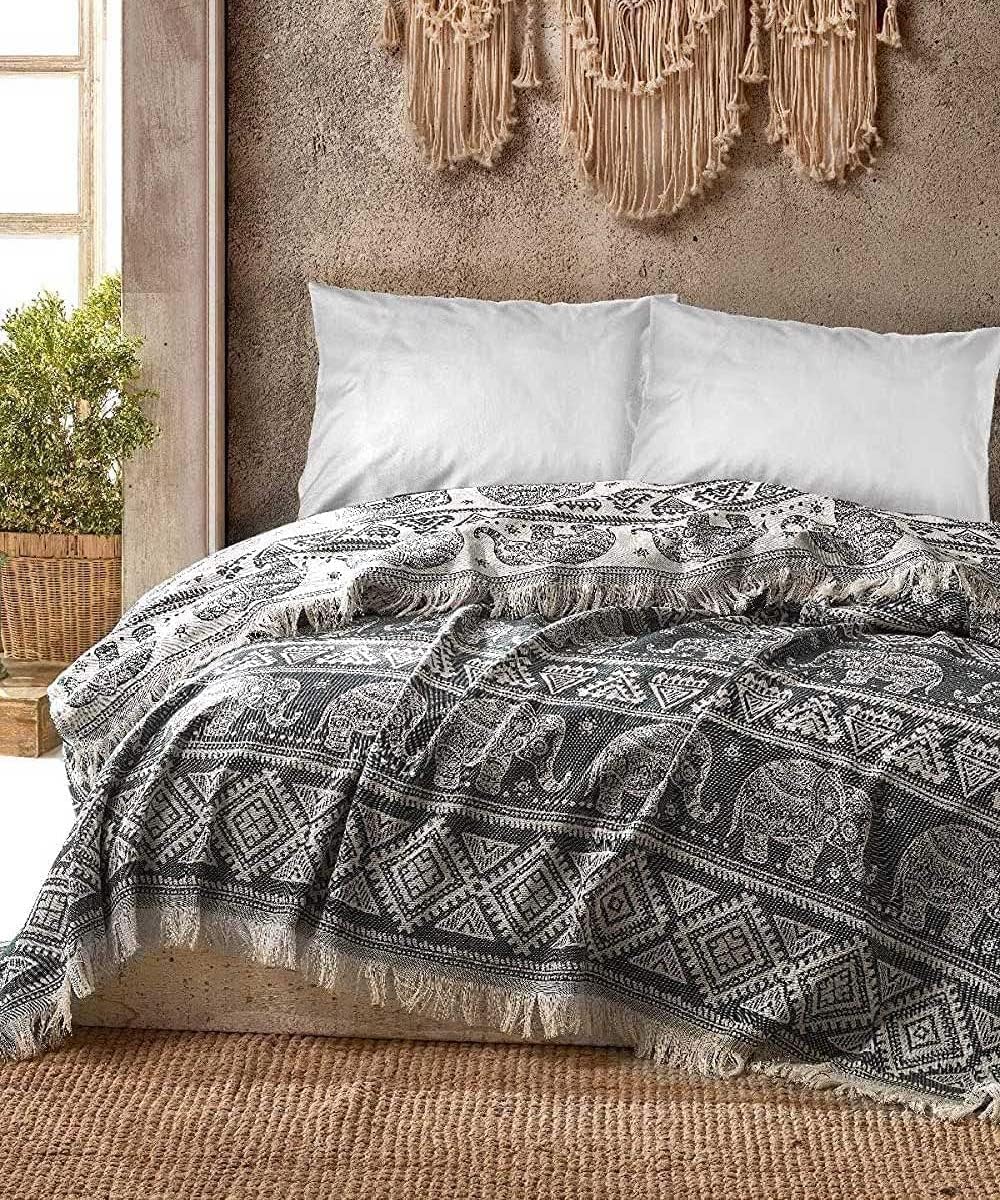 BOHORIAPremium Bedspread 220 x 240 cm Bali | 100% Cotton | Oeko-Tex® | Bed Throw Reversible Blanket Sofa Blanket with Pattern | Extra Large 220 x 240 cm (Elephant)