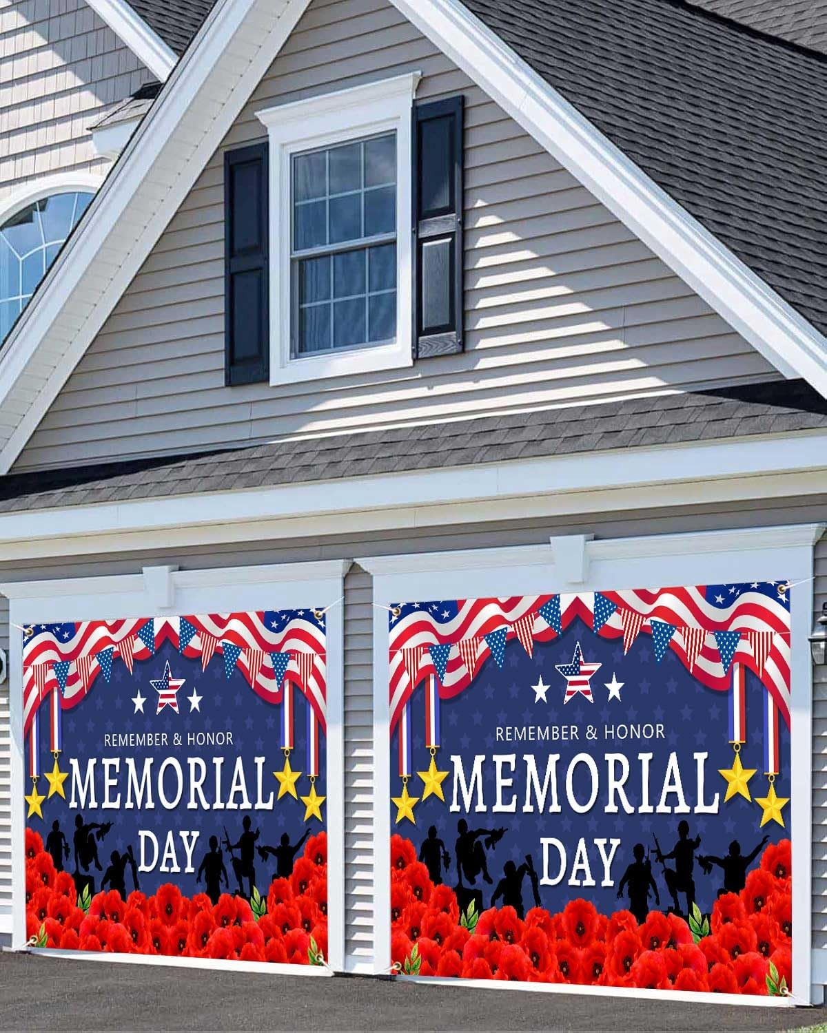 Memorial Day Garage Door Cover Banner Decorations, Thank You Veterans Patriotic 4th of July Outdoor Car Garage Door Murals Buddy Decorations Single 8 X 7 Ft