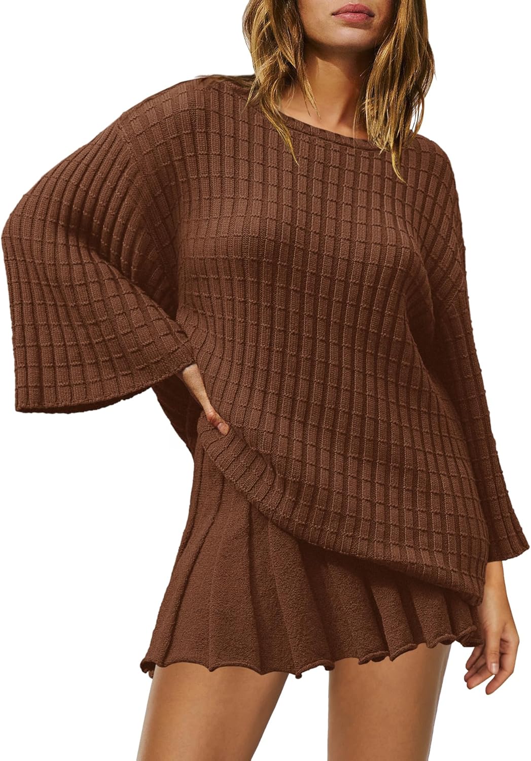 Yanekop Womens 2 Piece Sweater Skirt Set Loose Matching Lounge Sets Comfy Pajamas Set Long Sleeve Top and Skirt Sets - Image 2