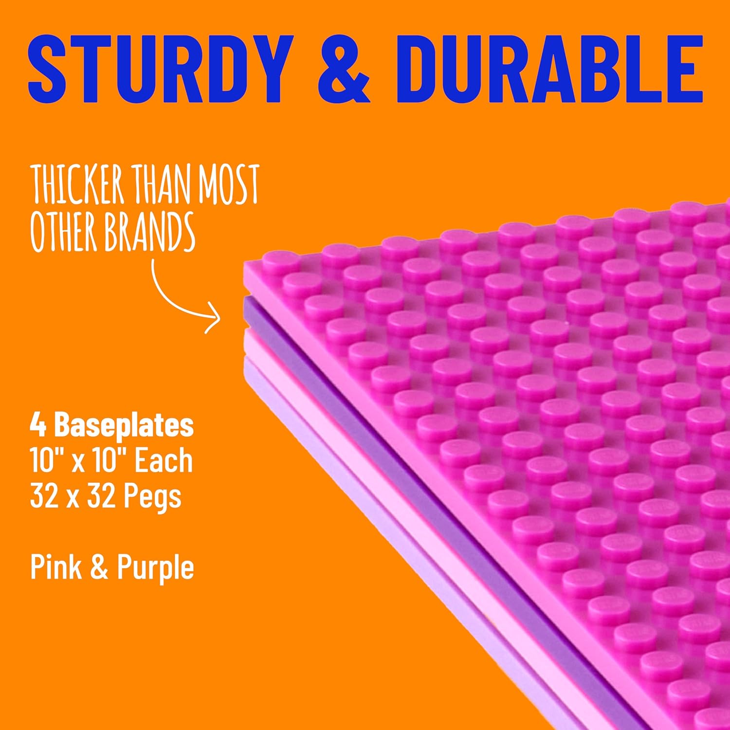 Strictly Briks Stackable Baseplates - 4 Pack Compatible with Classic Lego & Major Brick Brands, 10 x 10 in with 32 x 32 Studs, Toy Building Plates Boards, Kids Gift, Pink Purple