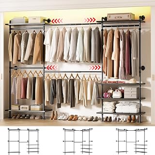 Aheaplus Industrial Pipe Clothing Rack, Expandable Garment Rack, Closet System with Wood Shelves for Hanging,Wall Mounted Clothing Rack, Adjustable Storage Wardrobe for Walk in Closets, Black