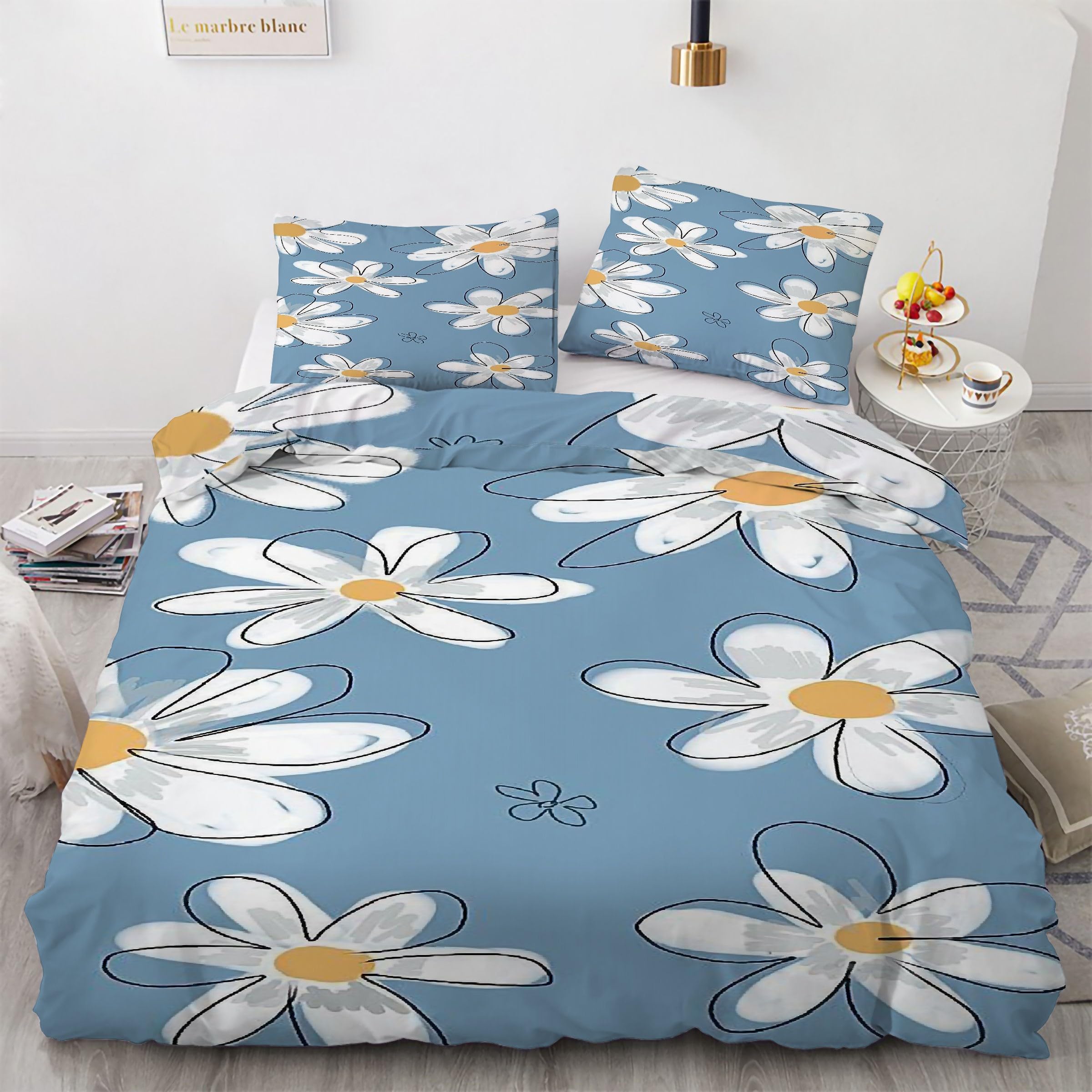Housse de couette 240 x 260 bleu et parure de lit fleur de marguerite 3 pièces