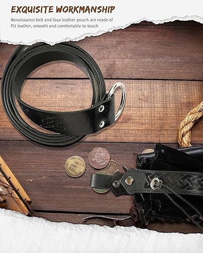 Miniatura 7 de Cinturón medieval vikingo medieval de piel sintética, cinturón de cuero renacentista, bolsa medieval accesorios renacentistas, 2 unidades, Negro -,