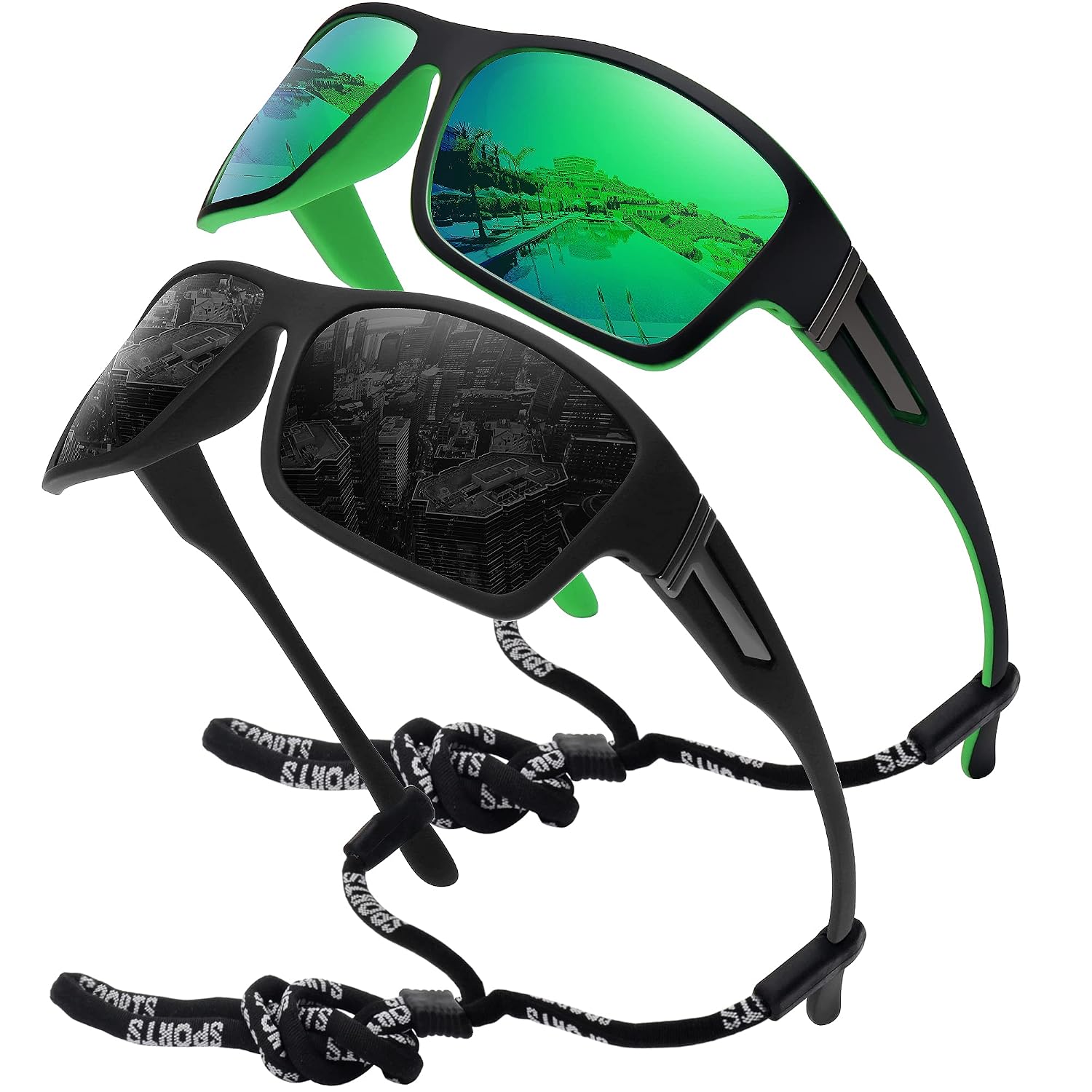 STORYCOAST Polarized Sports Sunglasses for Men Women Unbreakable Frame Cycling Fishing Driving, 2pack Black+green, Standard