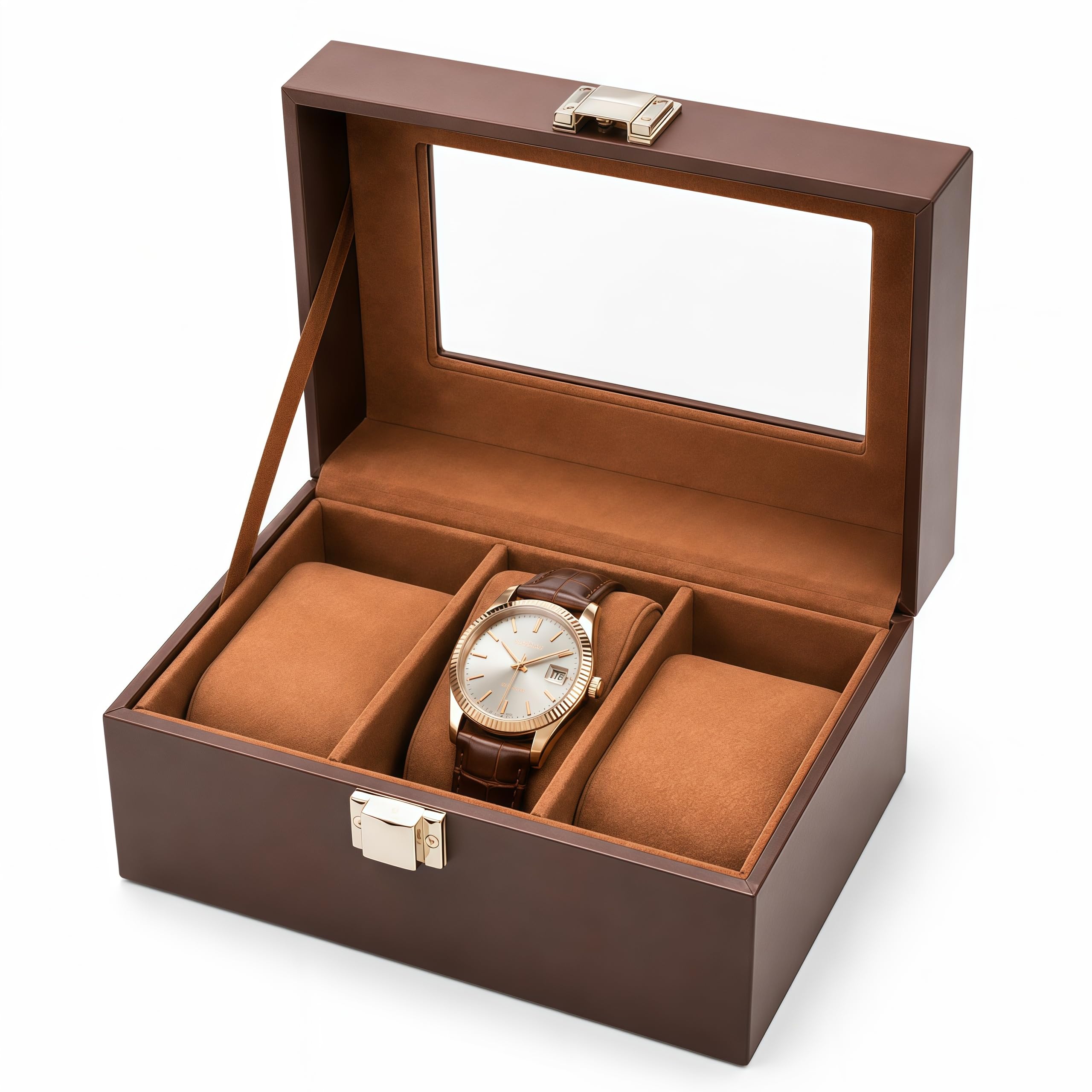 AMZGO® Watch Box Case for Men, Wooden Display Glass Lid | Watch Storage Organizer for Collection | Ideal Gift for Dad Husband, Anniversary Birthday Present for Men Women