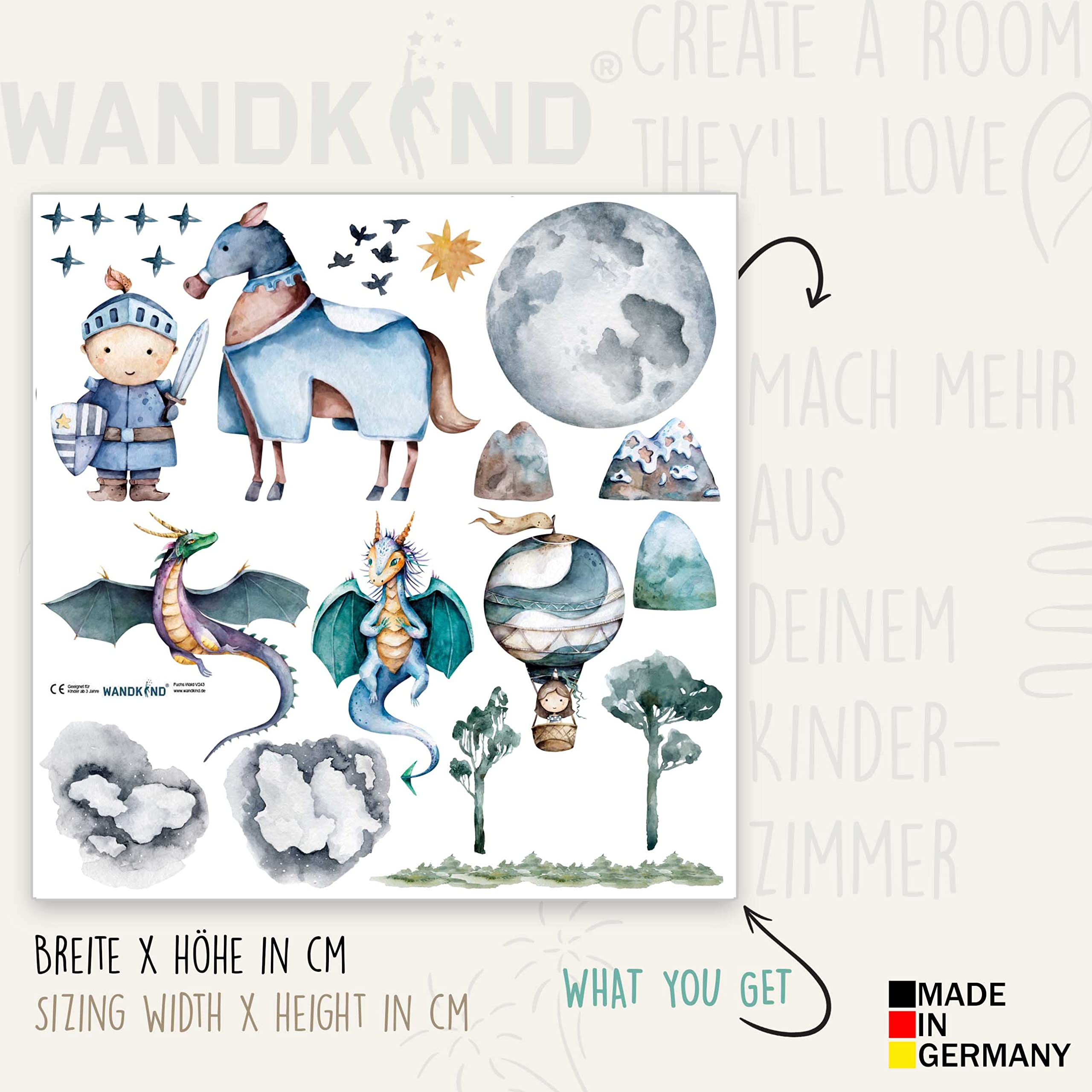 WANDKIND Ritter und Drache Wandtattoo Kinderzimmer V384 | handgezeichnet | AUFKLEBER Kindergarten | Babyzimmer Wandsticker Schloss Prinzessin Heissluftballon Wanddeko (75 x 75 cm)
