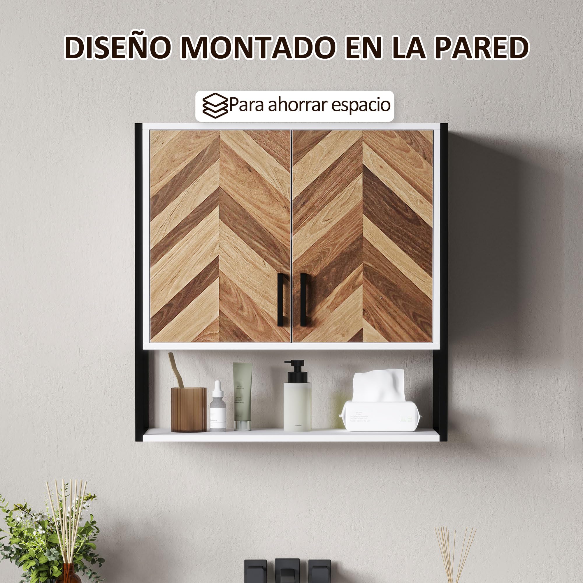 HOMCOM Armario de Pared para Baño Multiusos 59x20x60 cm Multicolor | Mueble de Baño Suspendido, Armario Colgante de Almacenamiento, con 2 Puertas, Estante Ajustable, Estante Abierto