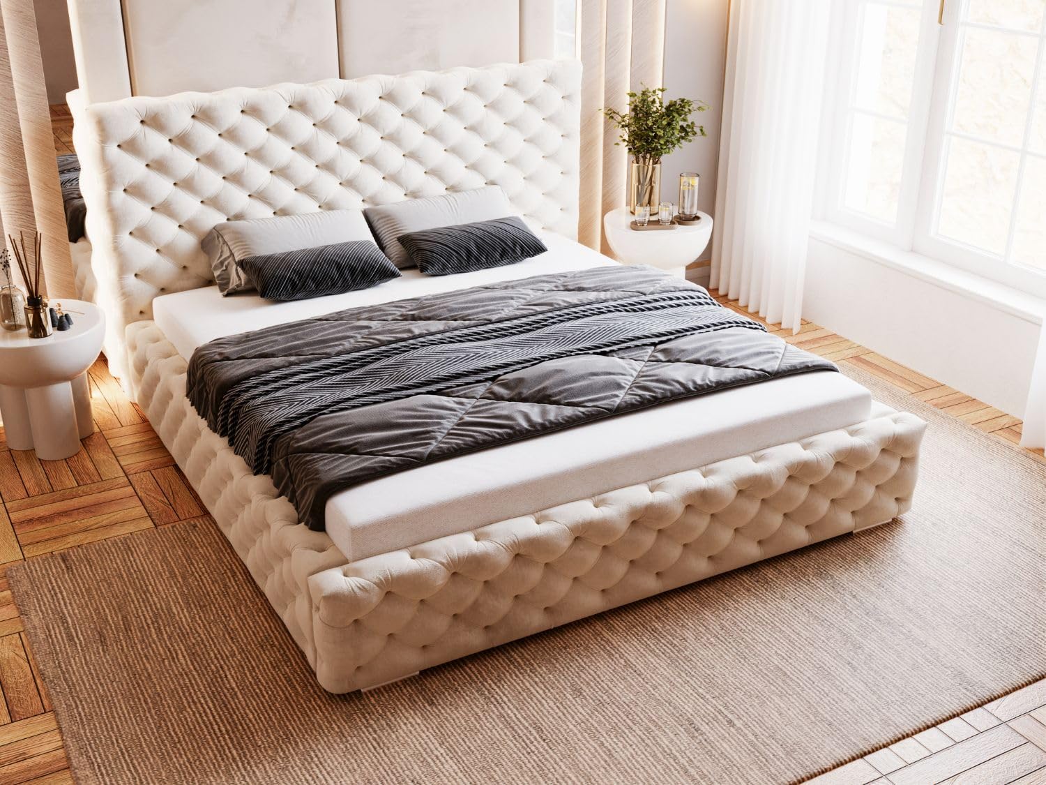 GRAINGOLD Astra Bett 200x200, Polsterbett mit Bettkasten, Polsterbett mit Stauraum, Samt, mit Lattenrost, mit Kopfteil, ohne Matratze (Beige, 200x200)