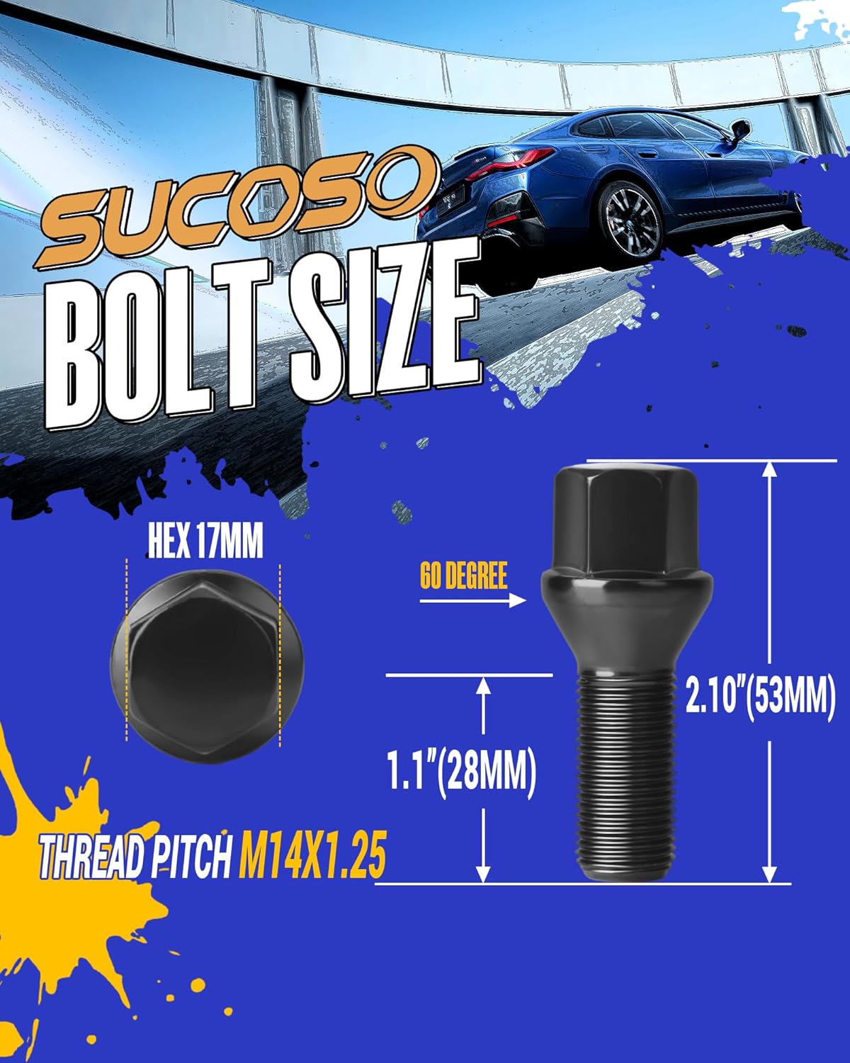 14x1.25 OEM Lug Bolts Fit for BMW 2-Series 3-Series 4-Series 5-Series 6-Series 7-Series X1 X2 X3 X4 X5 X6 M3 M4 M5 M6 i3 i8, M14x1.25 Lug Bolts Black 20PC 28mm Shank Length Conical Seat