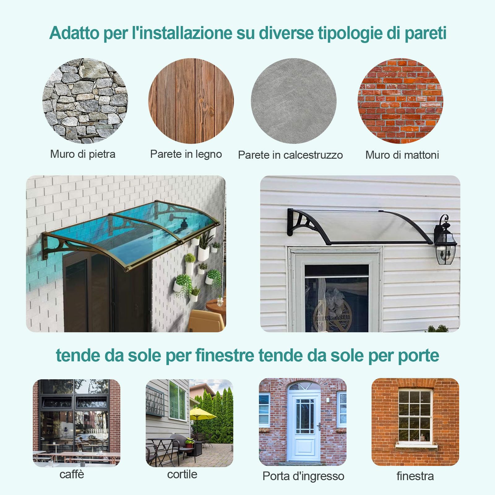 Tettoia per Esterno, Pensilina da Esterno, Pensilina, Staffa in lega di alluminio+Policarbonato, Resistente ai raggi UV/alla pioggia, Tettoia per Esterno/Porte/Balcone/Finestre