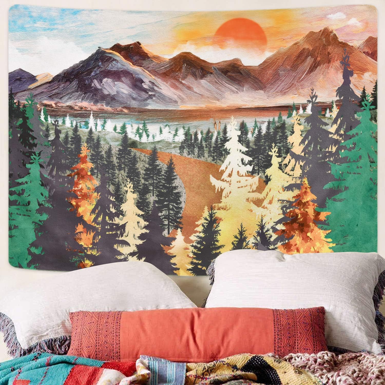 Boniboni Mountain Tapestry Sunset Tapestries Forest Trees Tapestry Nature Landscape Art Tapestry Wall Hanging for Room(51.2 x 59.1 inches)
