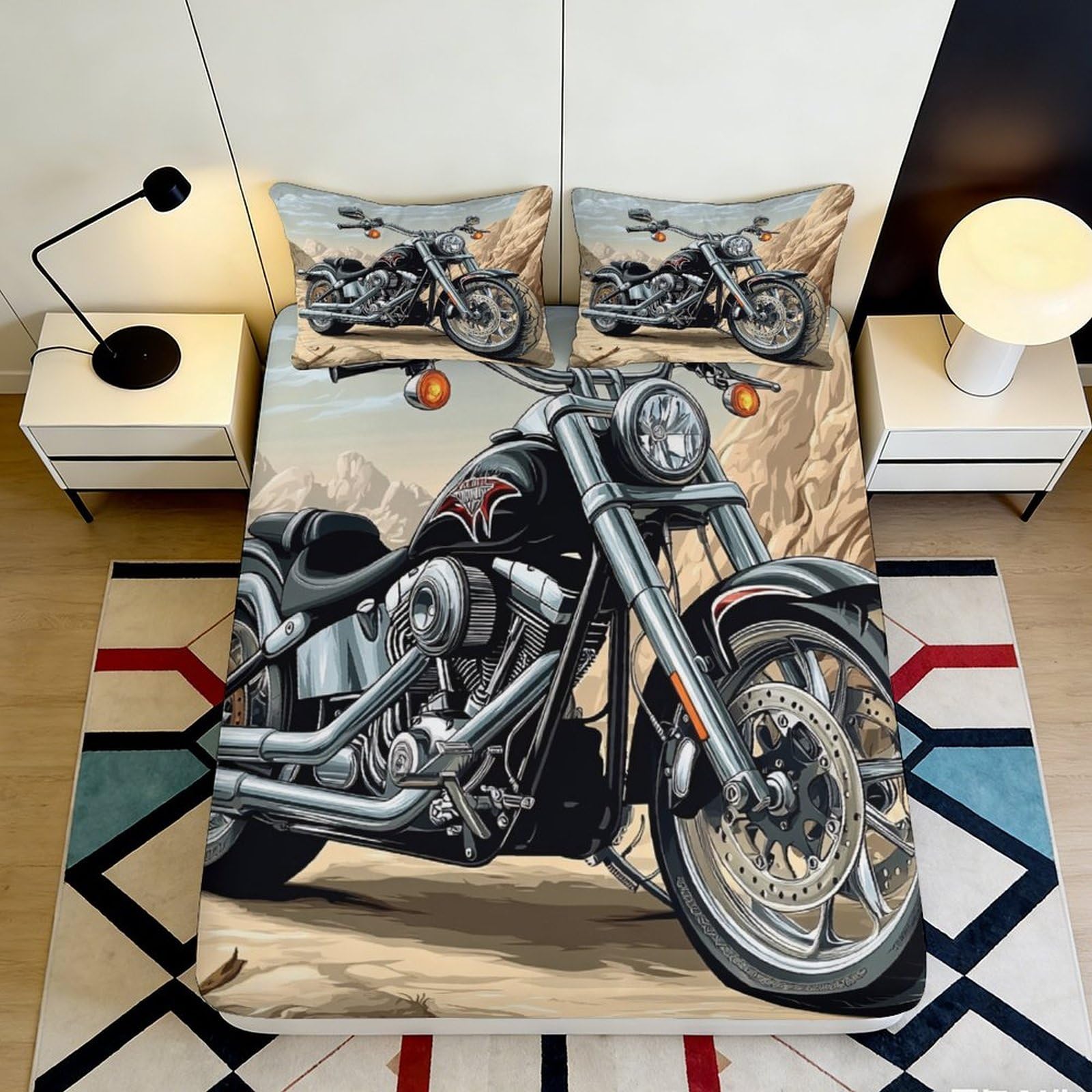 3D Printed Motorcycle Adventure Fitted Sheet Microfiber Durable Decor Bed Cover for Bedroom Guest Room Dorm Protection 90x200x25cm