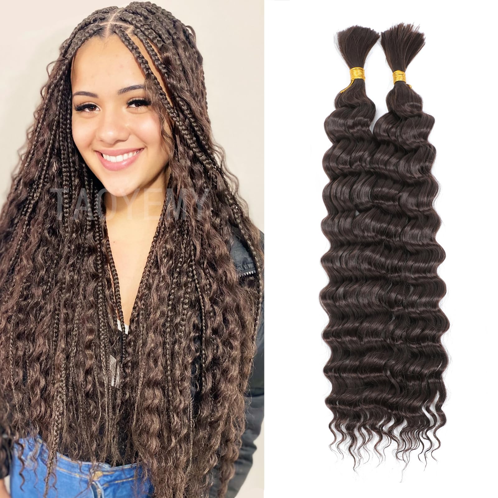 TAOYEMY Deep Wave Bulk Braiding Hair 100g*3pc (1 Pack-2 Bundles) No Weft Boho Braids Wet and Wavy Synthetic Hair Extension (4#