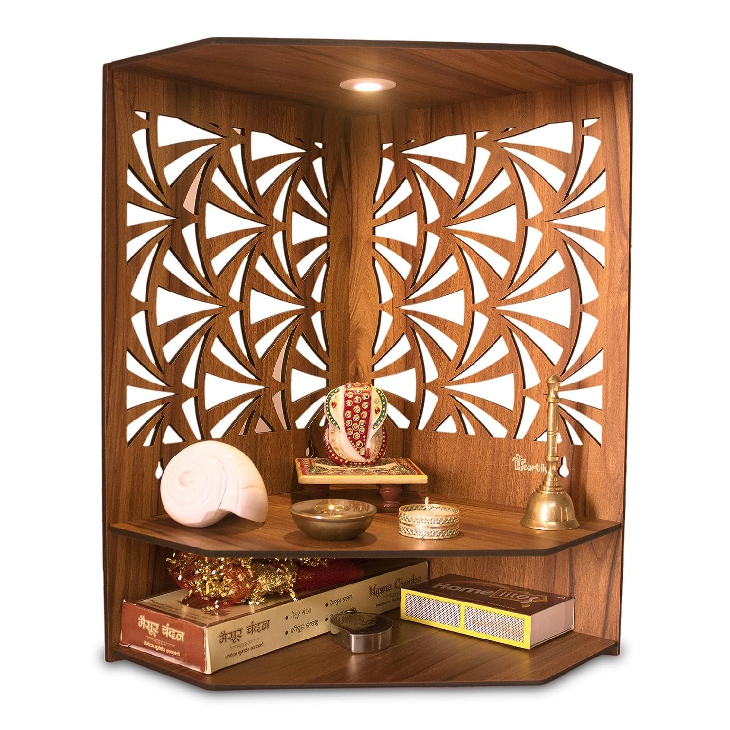 HIMANSH STORE Pushp Beautiful Wooden Pooja Stand Mandir for Home Temple for Office Puja Mandir for Home Wall with LED Spot Light Product (H- 17, L- 10, W-15 Inch)
