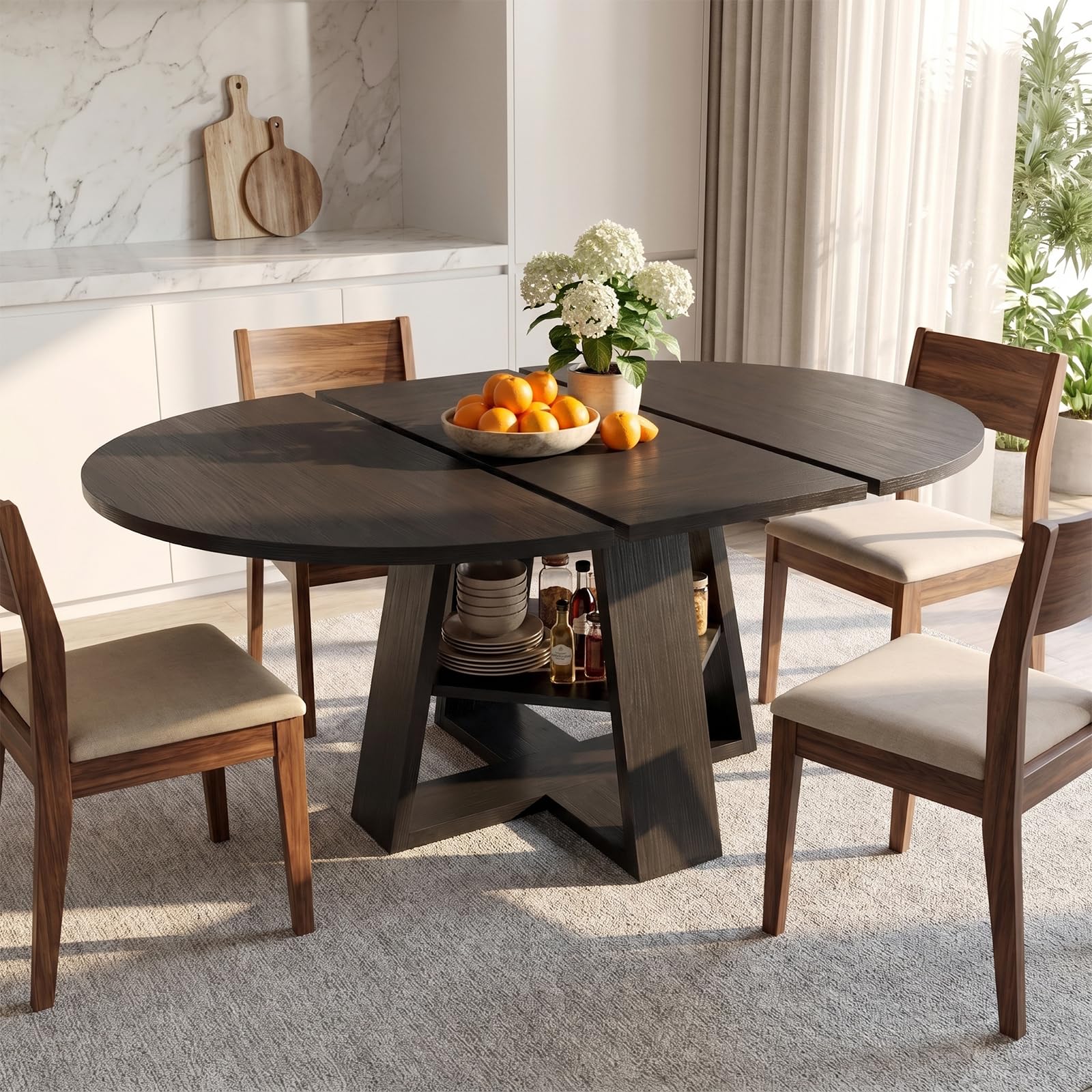 Comedor Mesa Extensible Redonda Madera con Estante, para 6-8 Personas