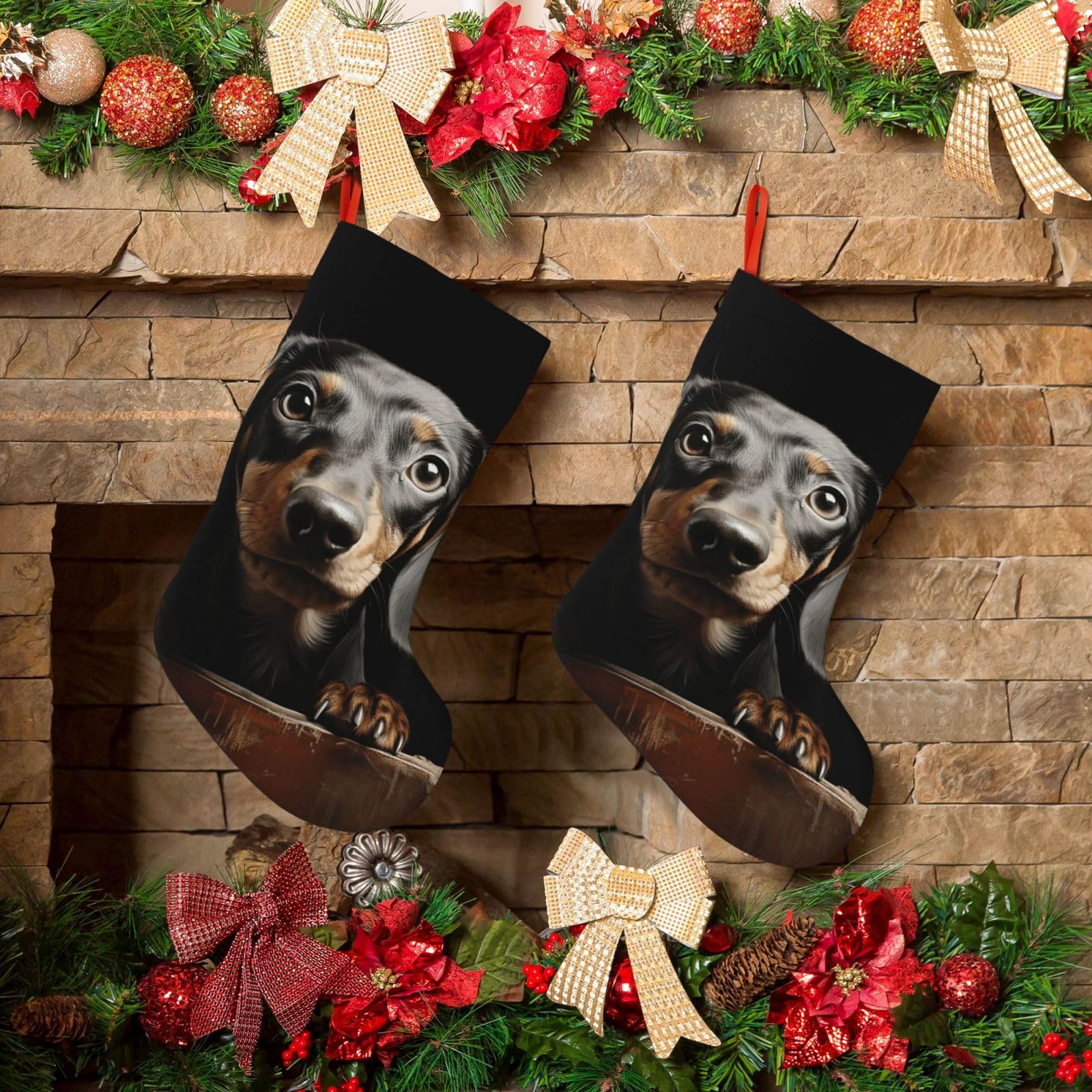 KLOPH Christmas Stockings 18" Personalized Xmas Stocking Pad Dachshund Decoration Stocking Hanging Fireplace Stocking for Holiday Xmas Tree Christmas Fireplace Decor