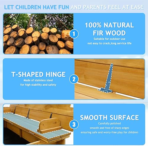 Miniatura 5 de Caja de arena para niños con tapa, caja de arena de madera con cubierta para exteriores, protección UV y madera natural, asiento de banco plegable,