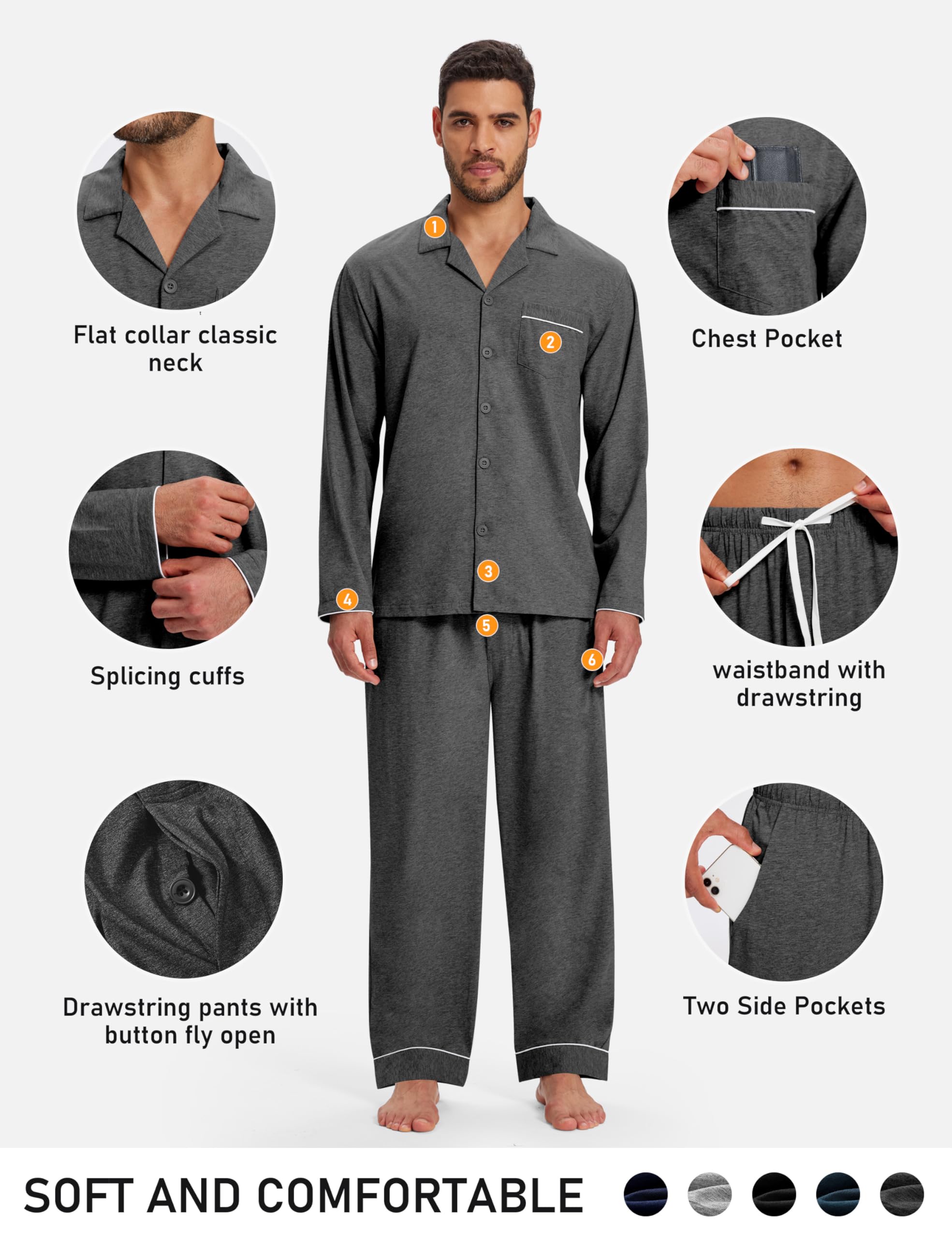 MoFiz Pigiama da uomo lungo, in cotone, con bottoni | Comodo, scollo a V, pigiama da uomo con bottoni, a maniche lunghe, tuta da casa, biancheria da notte, loungewear