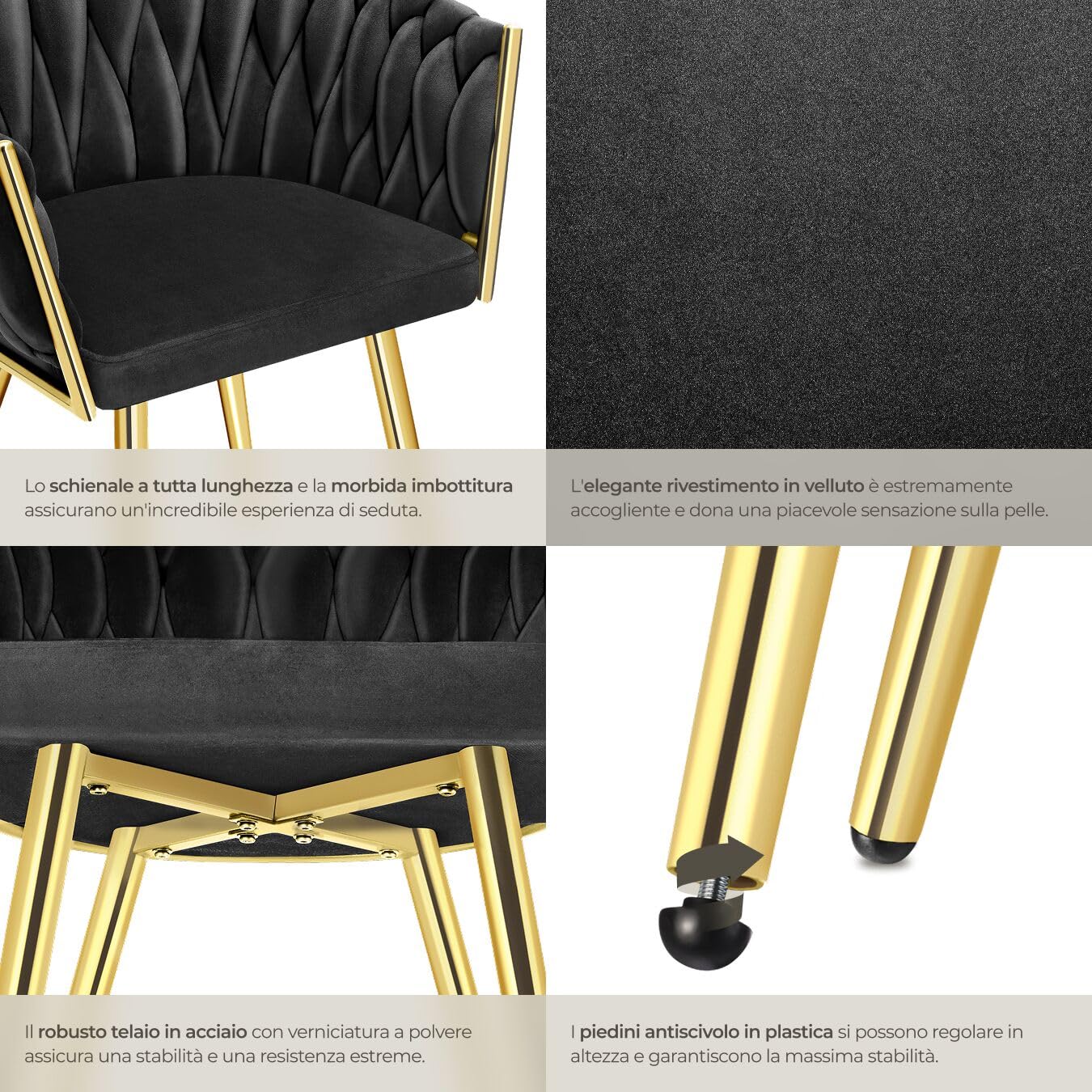 tectake® Set di 6 Sedie da Pranzo con Braccioli, Sedie Soggiorno in Velluto Extra Fine, Design Elegante a Nodo, Poltrone Velluto con Morbida Imbottitura, Sedie per Sala da Pranzo Versatili - Nero/Oro
