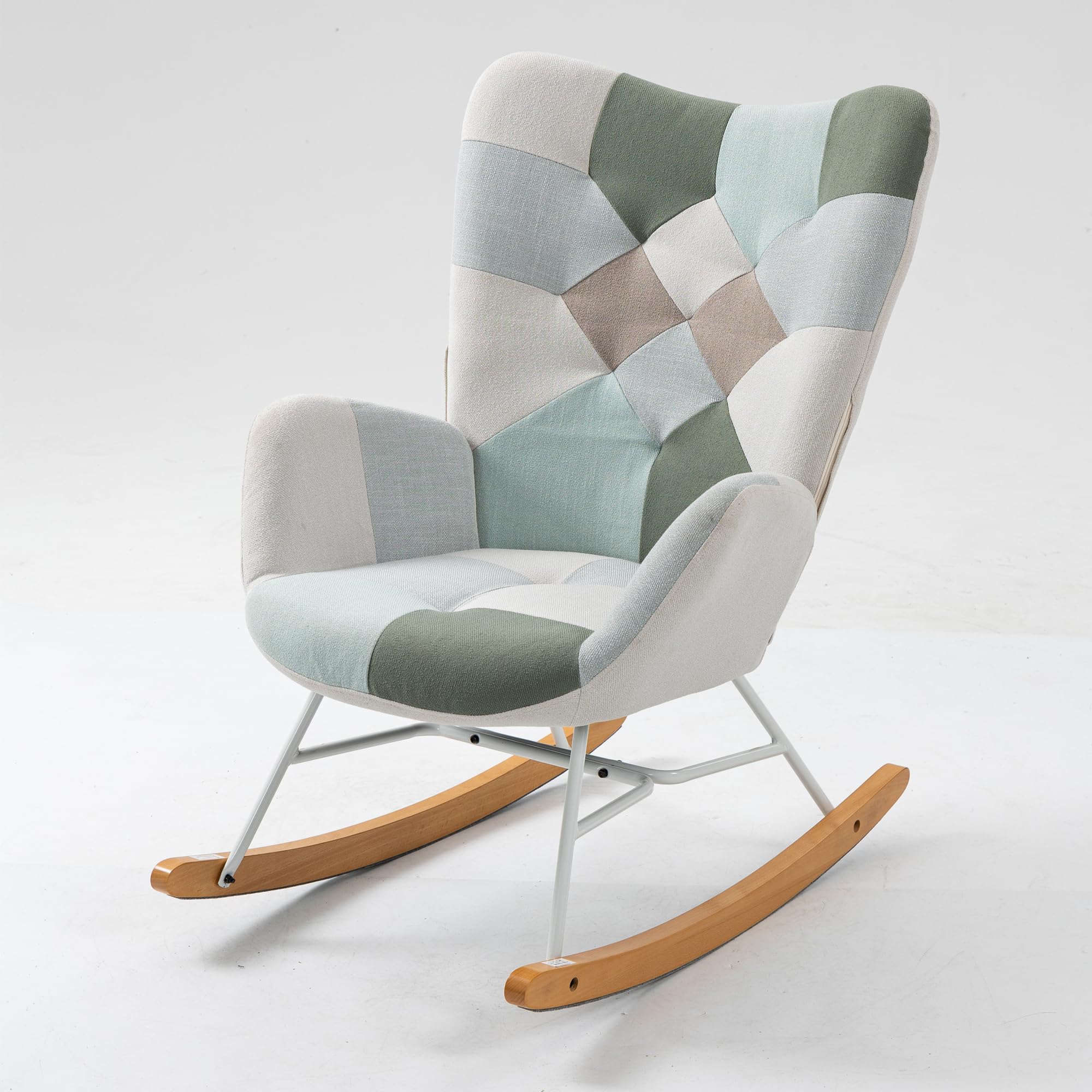 MEUBLE COSY Poltrona Relax, Sedia a Dondolo Confortevole in Tessuto Patchwork con Gambe in Legno e Metallo per Soggiorno, Decorazione con Bottoni