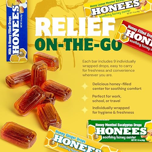 Miniatura 3 de Honees Gotas rellenas de miel, paquete variado (miel, leche y miel y mentol) - Alivio natural del dolor de garganta, pastillas para la garganta,