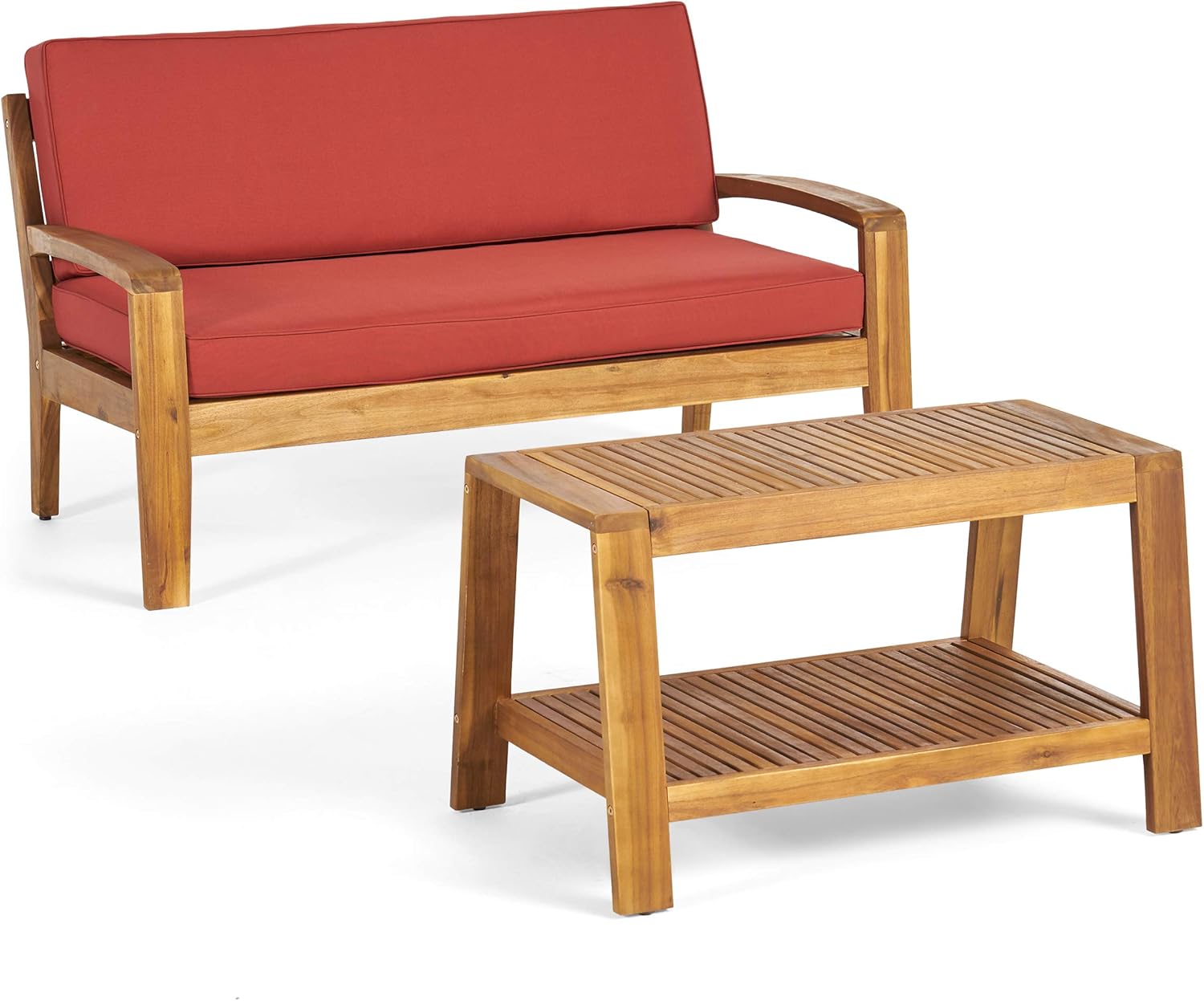 Great Deal Furniture GDFStudio Outdoor Teak Finished Acacia Wood Loveseat and Coffee Table Set with Red Water Resistant Cushions
