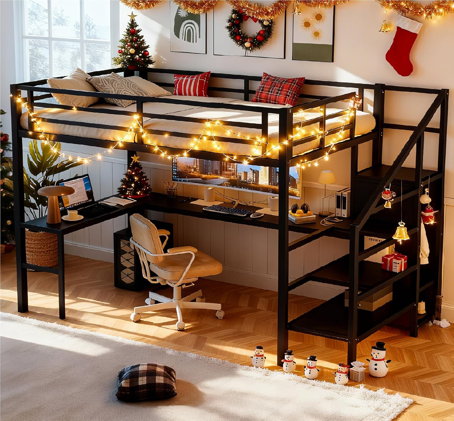 Bellemave Full Size Metal Loft Bed with L Shaped Desk and Wardrobe, Heavy Duty Loft Bed Frame with Storage Stairs, LED Loft Bed Frame with Charging Station & Safety Guardrails, Black